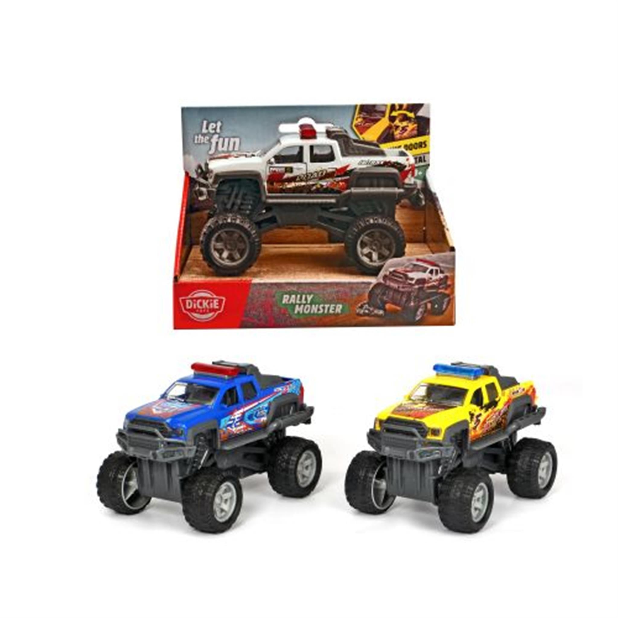 A toy truck in blue color with a pull-back motor, doors that can be opened, and extreme suspension. The product is packaged in a box showing the toy truck in action.