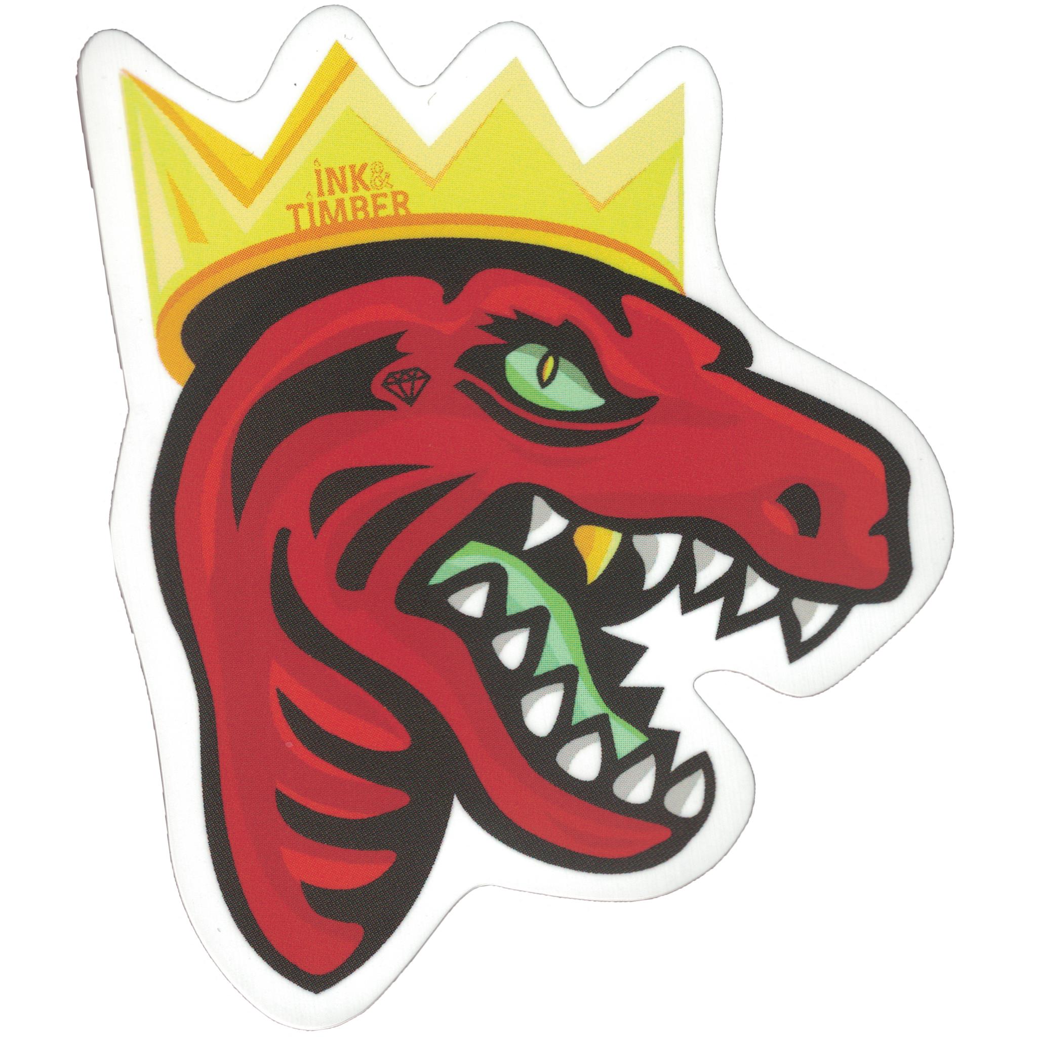 A vinyl sticker depicting a stylized dinosaur character with a crown, predominantly red with a yellow crown and green eyes.