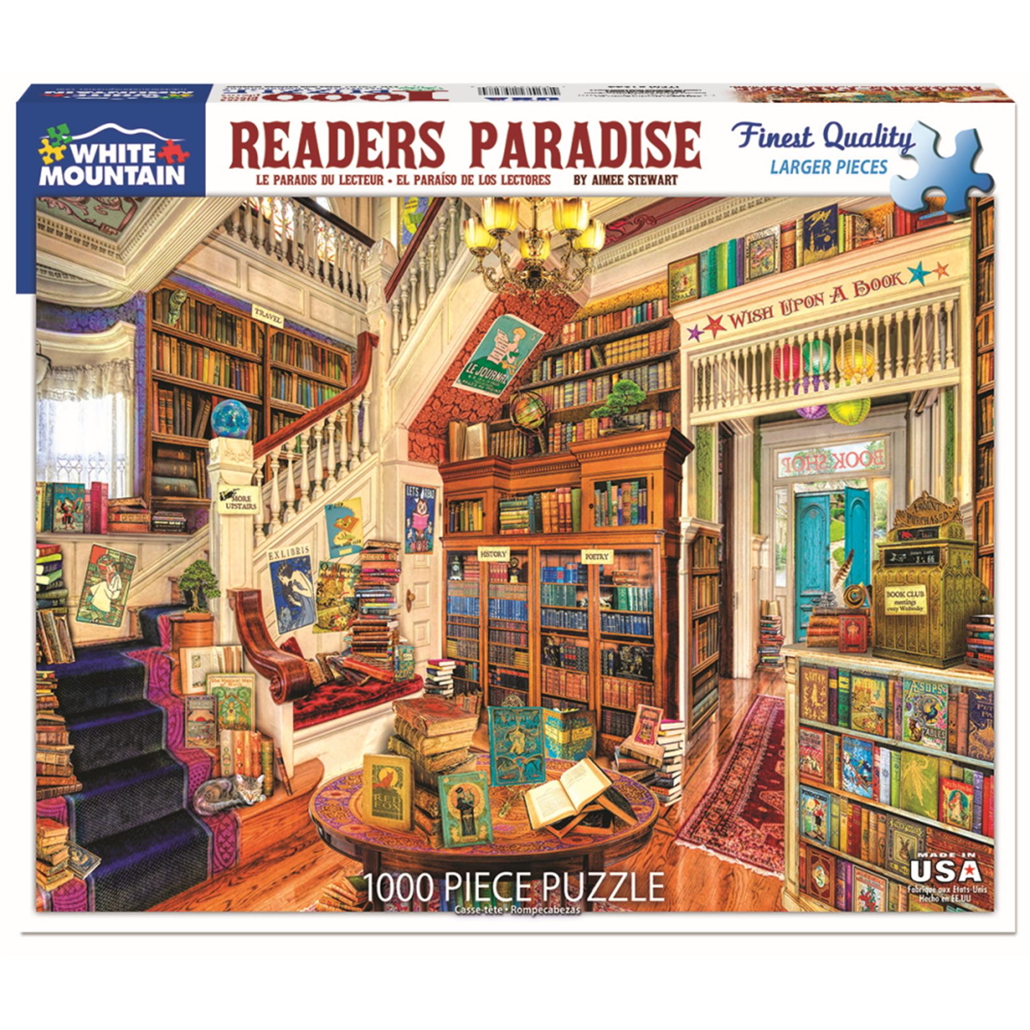 A 1000 piece puzzle depicting a detailed scene of a library with stairs, shelves of books, and a cat.