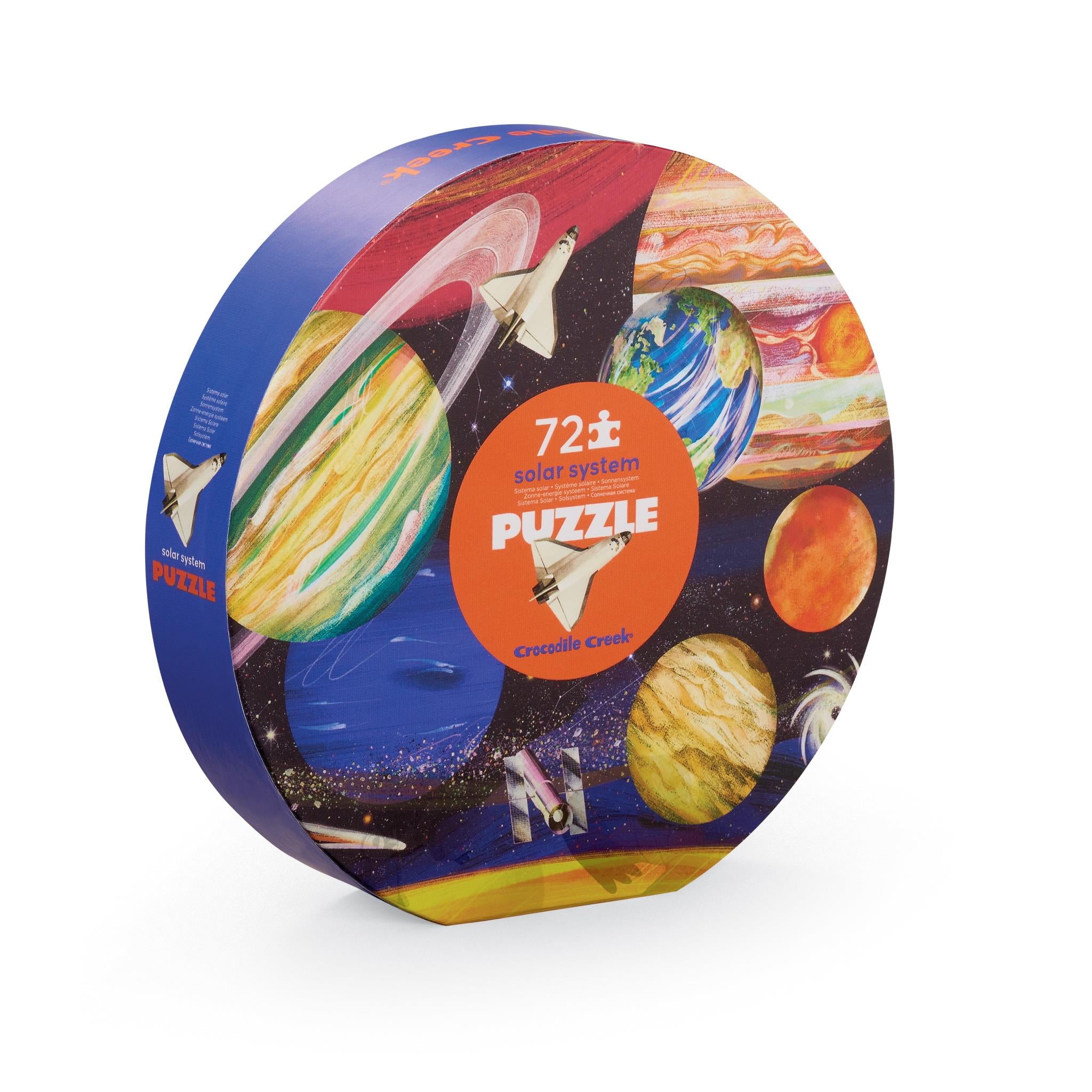 A 72-piece jigsaw puzzle depicting the Solar System with vibrant, colorful illustrations of the planets, packaged in a circular box with a picture of the solar system.