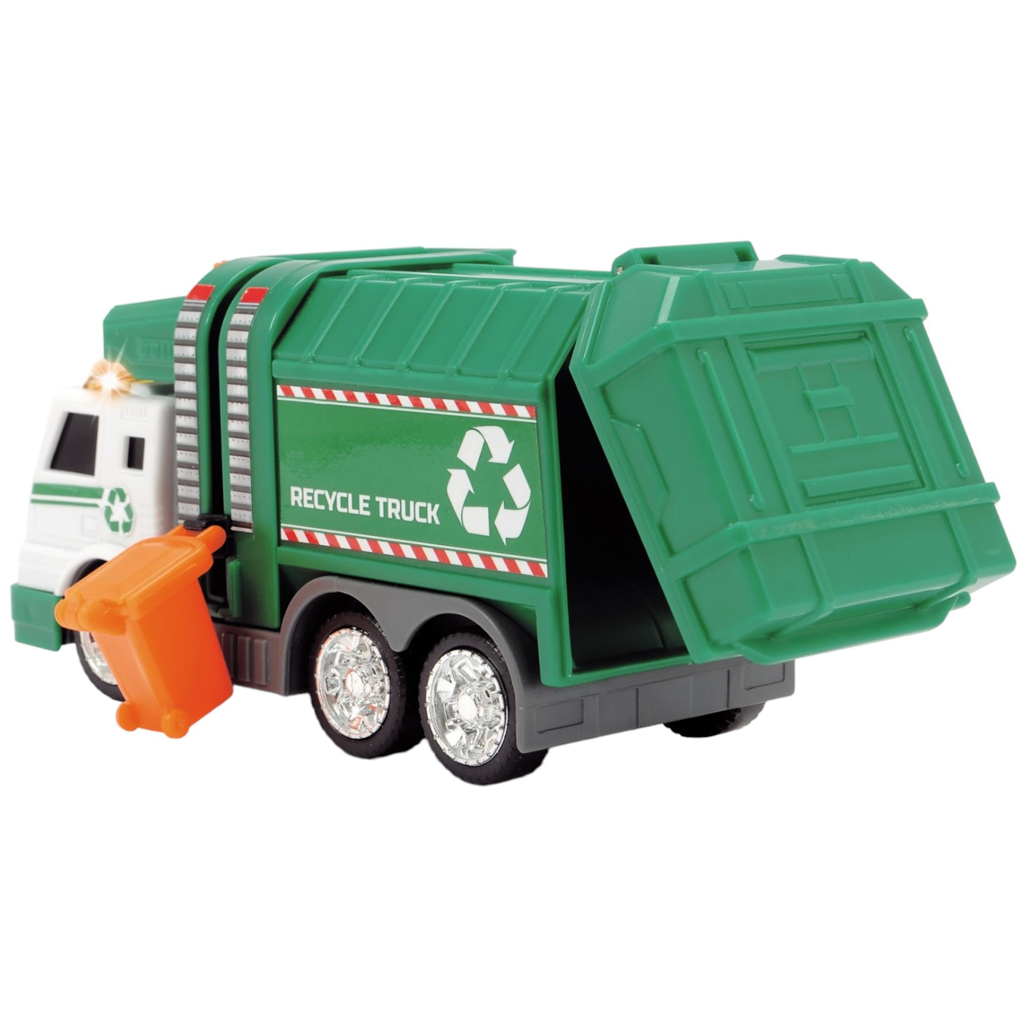 A toy recycling truck with green body, white cab, and orange accents. It has 'RECYCLE TRUCK' text on the side.