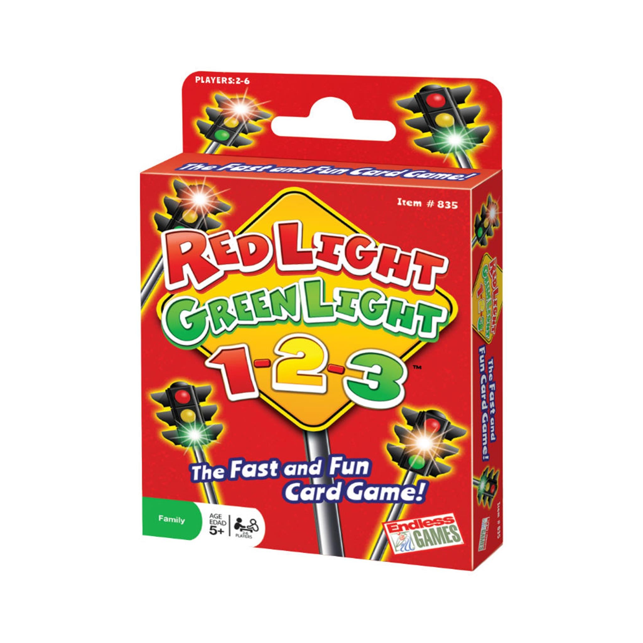 Packaging for the card game 'Red Light Green Light 123' with vibrant graphics and colors