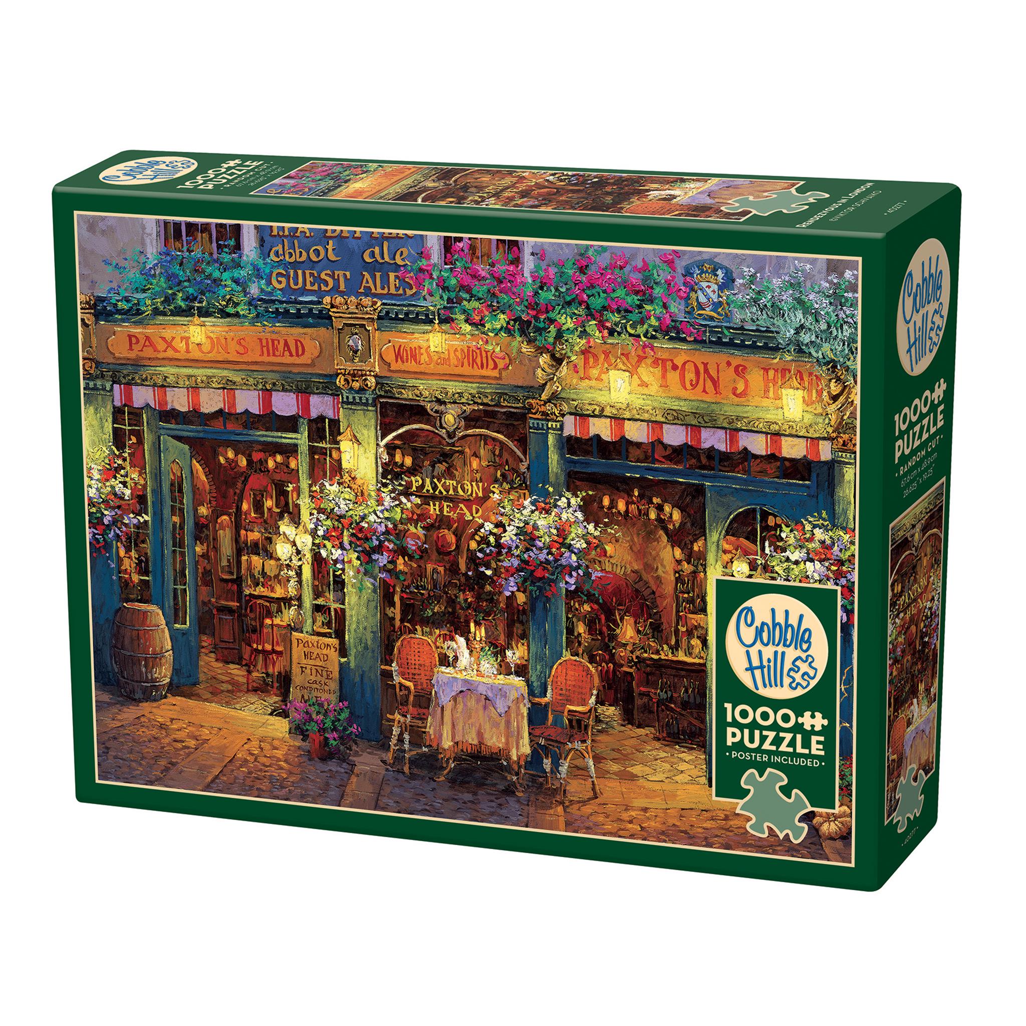 A 1000 piece Cobble Hill puzzle box featuring an illustrated scene of a restaurant at dusk with a green and yellow color scheme.