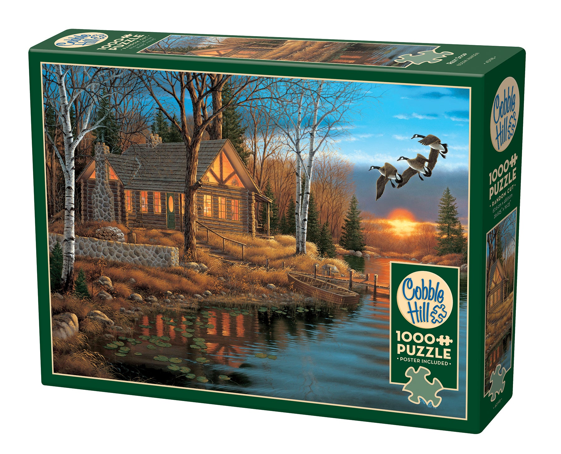 A 1000 piece jigsaw puzzle depicting a cozy cabin by a lake at sunset, with Canadian geese flying in the sky.