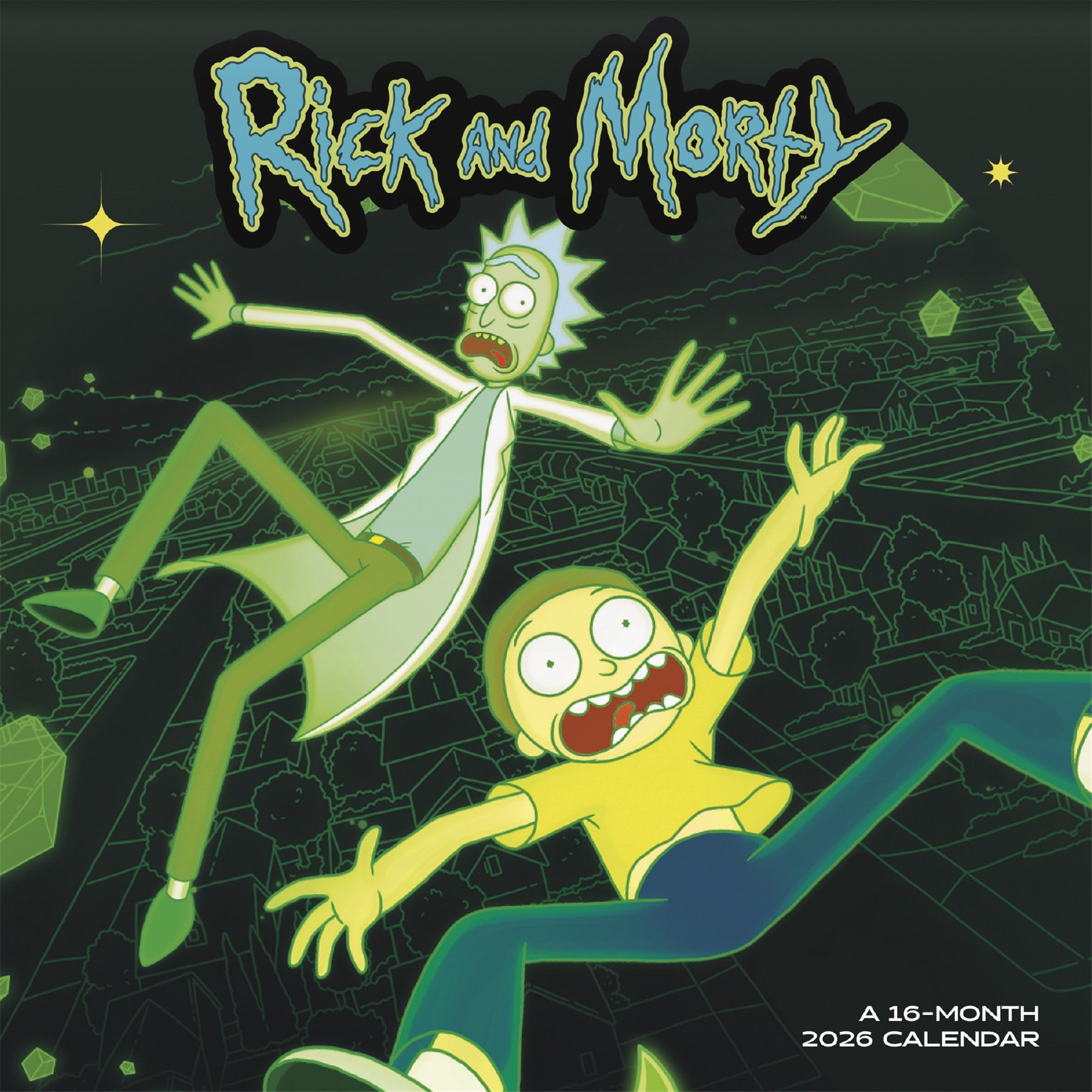 calendar cover with the characters of Rick and Morty show floating over town