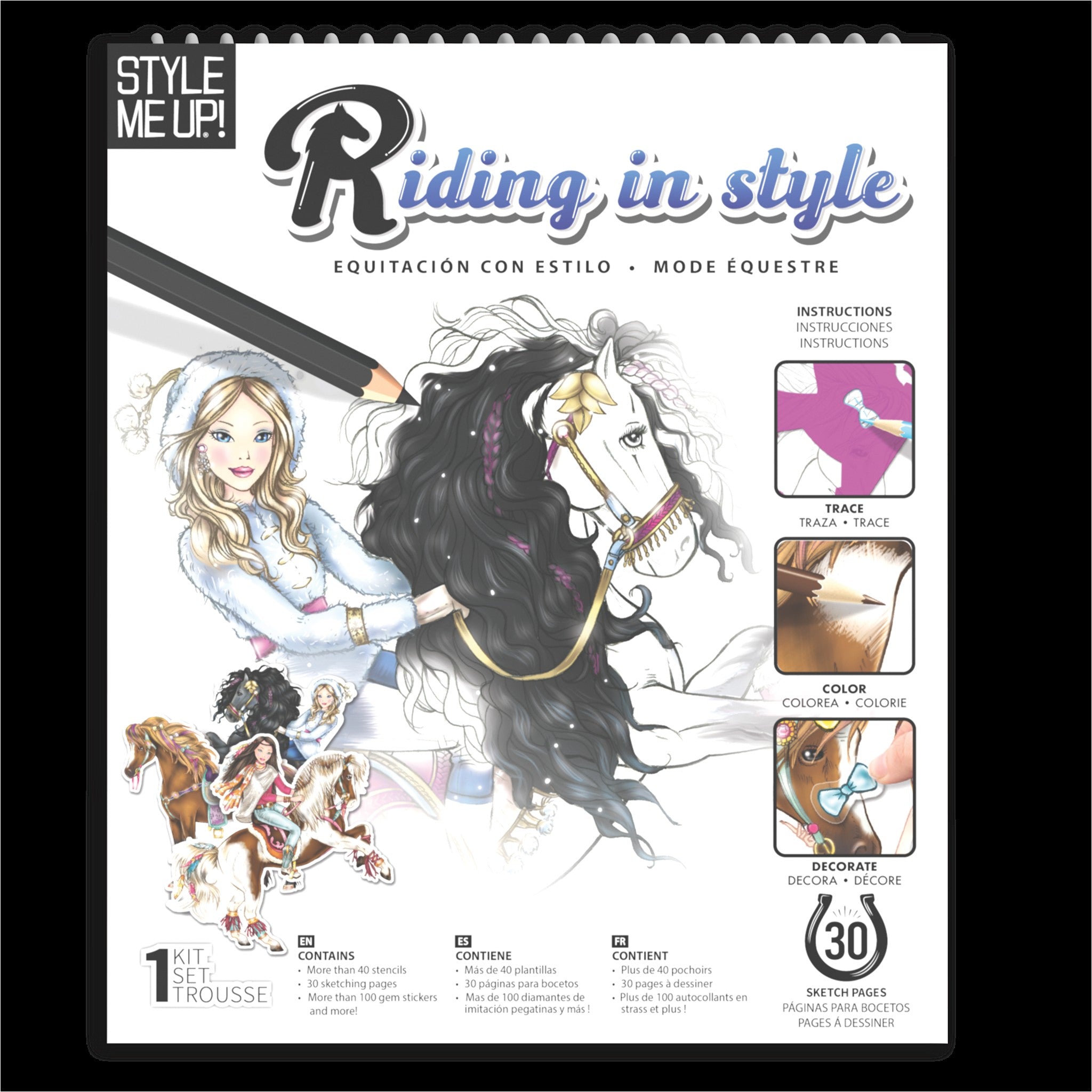 Coil bound stencil colouring kit with equine theme.