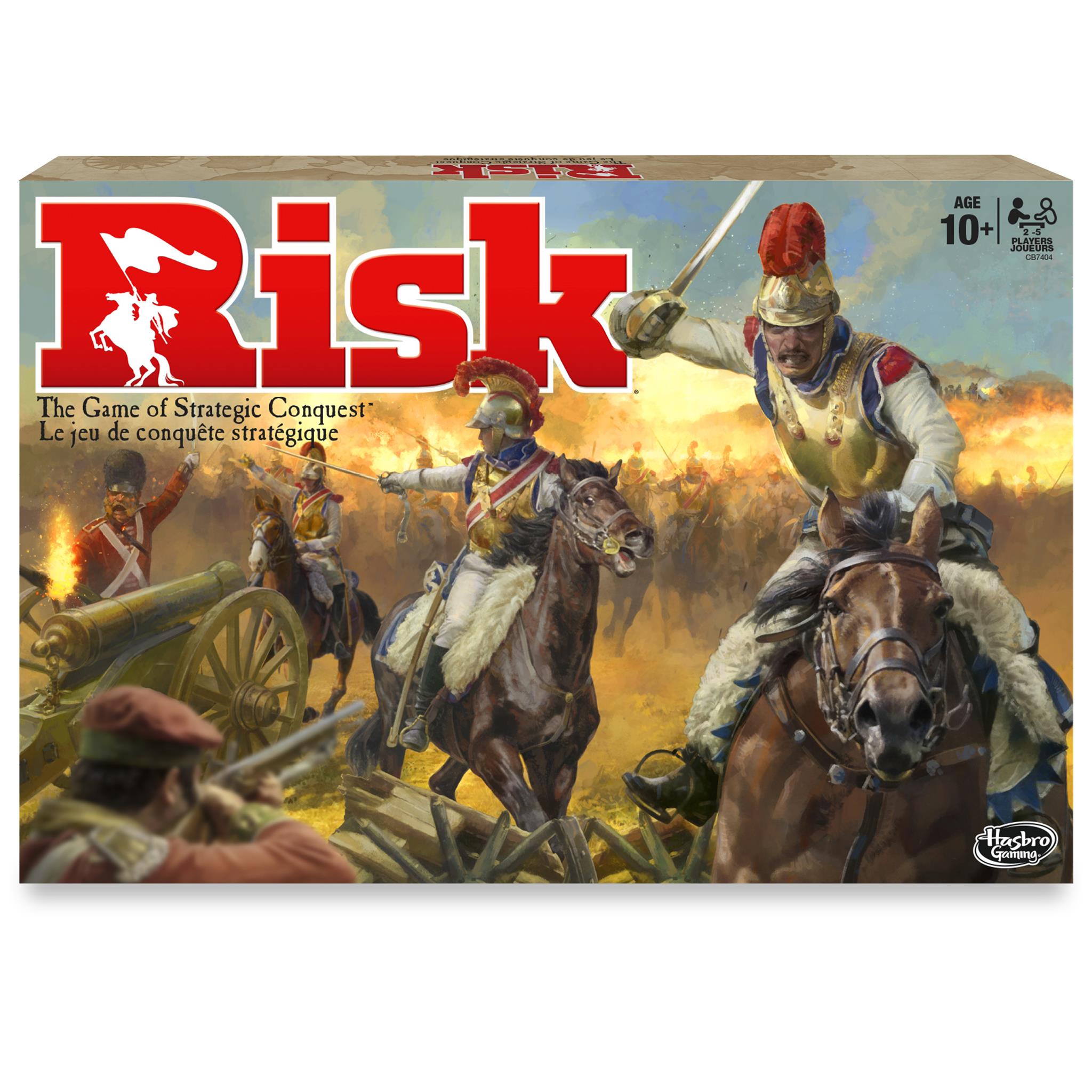 A board game box cover for 'Risk' featuring illustrated figures representing different nations with a focus on a military theme.