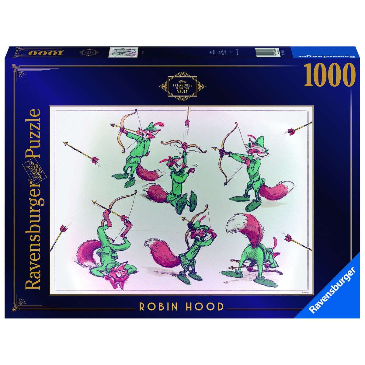 A 1000-piece Ravensburger jigsaw puzzle box featuring an illustration of cartoon characters from the Robin Hood story.