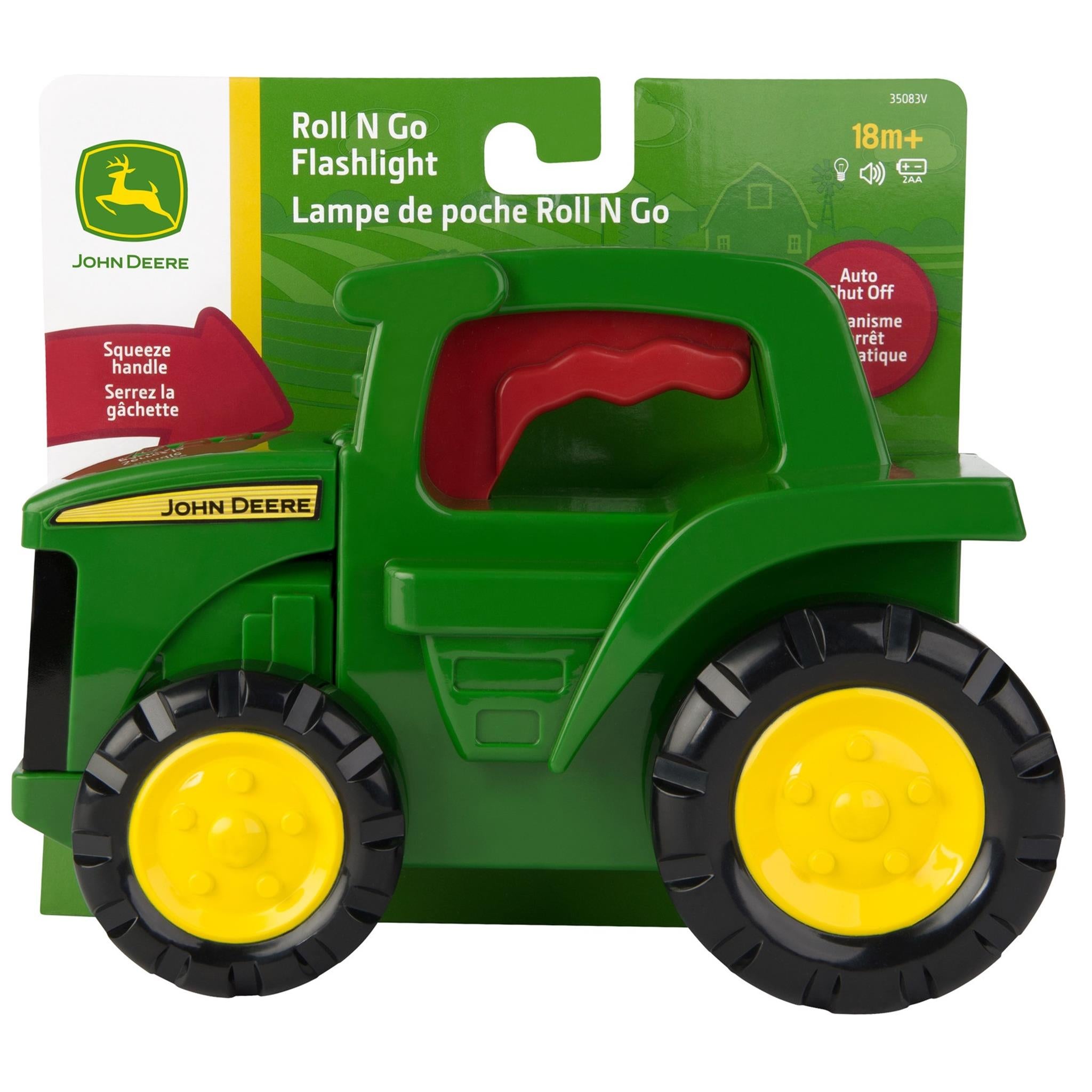 John Deere branded toy tractor with green body, black wheels, and red accents, packaged on a card with 'Roll N Go' and 'Flashlight' indicated.