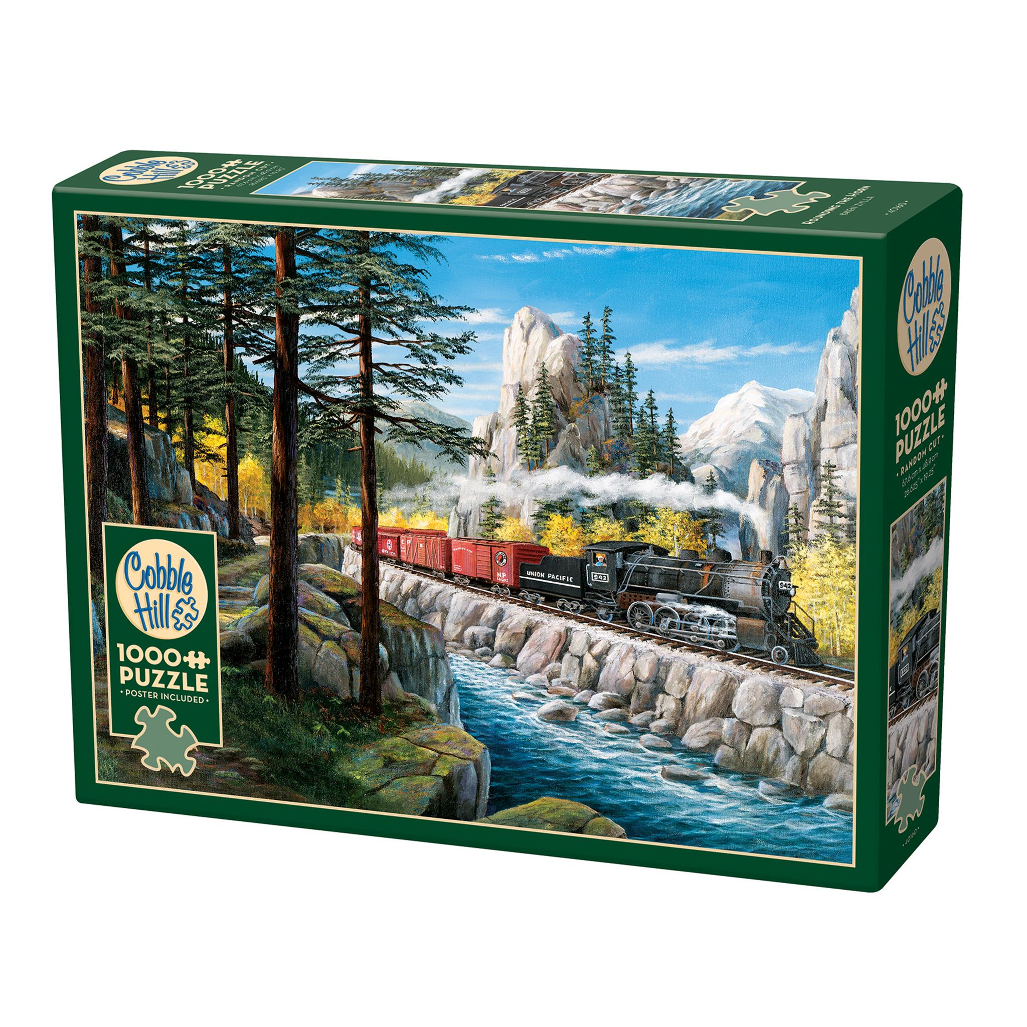 Illustrated steam train rounding a mountain with a vibrant blue creek and forest to the side. Branded by Cobble Hill