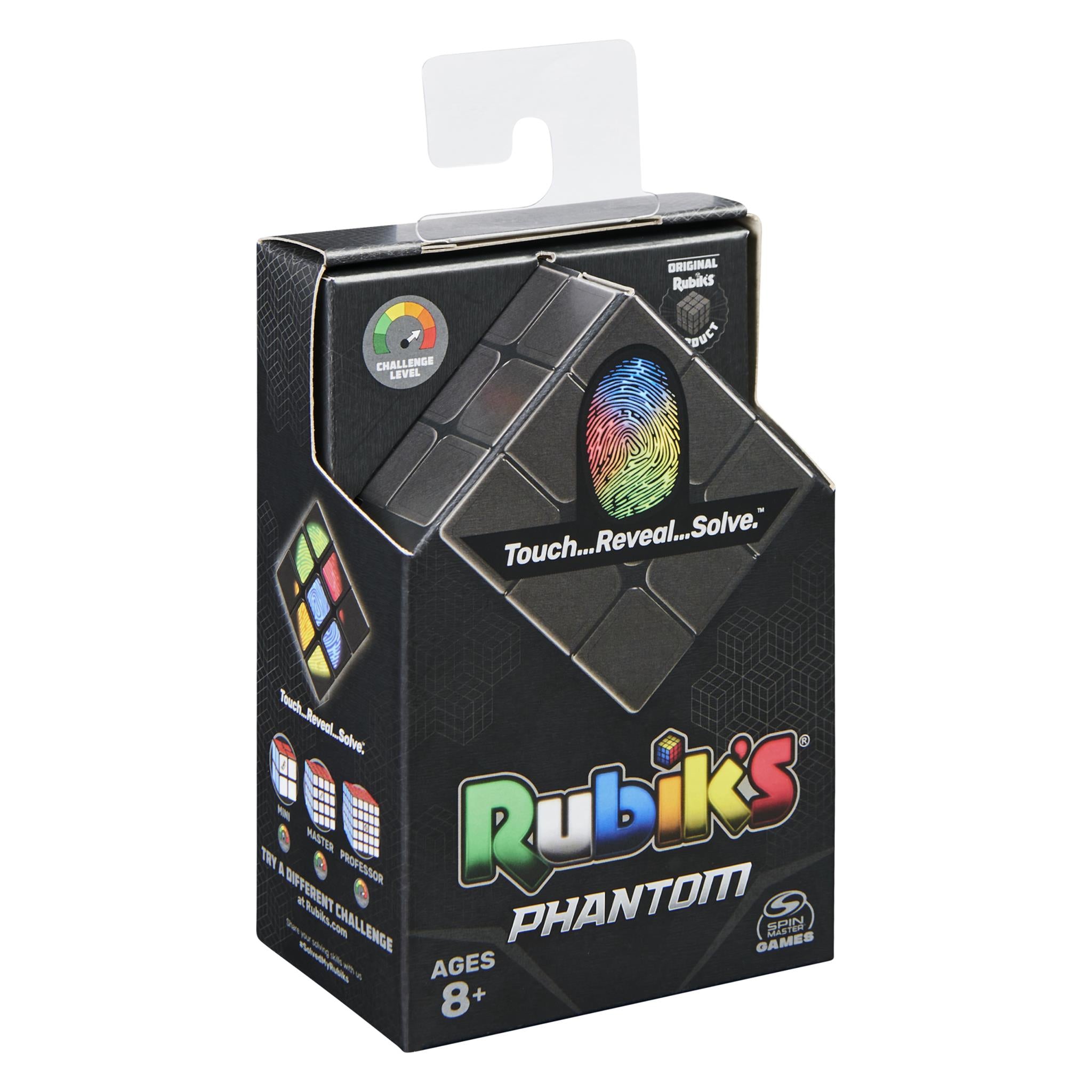 Packaging for Rubik's Phantom puzzle cube featuring the cube with thermochromic technology displayed on the front, along with the product name and age recommendation.