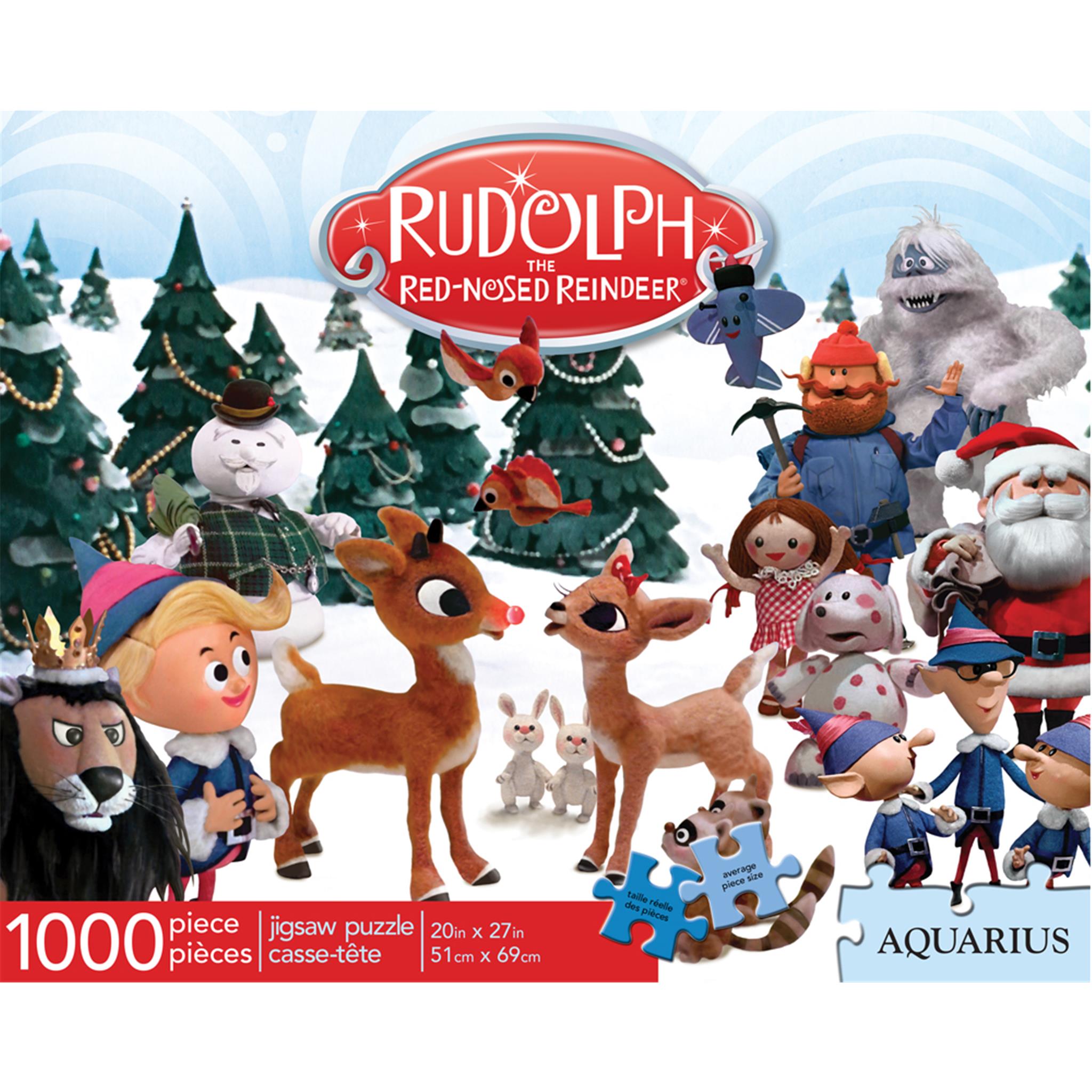 A 1000 piece jigsaw puzzle box featuring characters from the Rudolph the Red-Nosed Reindeer animated film, including Rudolph, Santa Claus, and other animated characters in a festive Christmas setting.