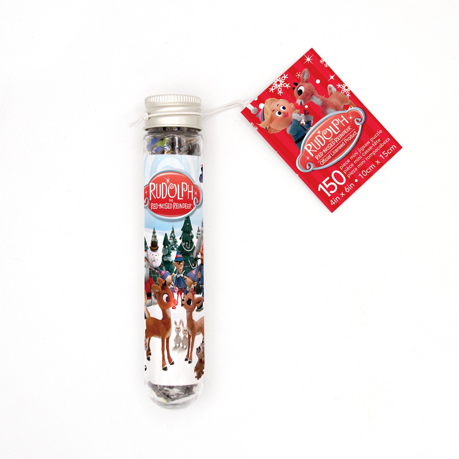 A packaged jigsaw puzzle tube with a Christmas theme, labeled 'Rudolph Cast Micro 150 Piece Puzzle', featuring illustrations of cartoon characters on the tube.