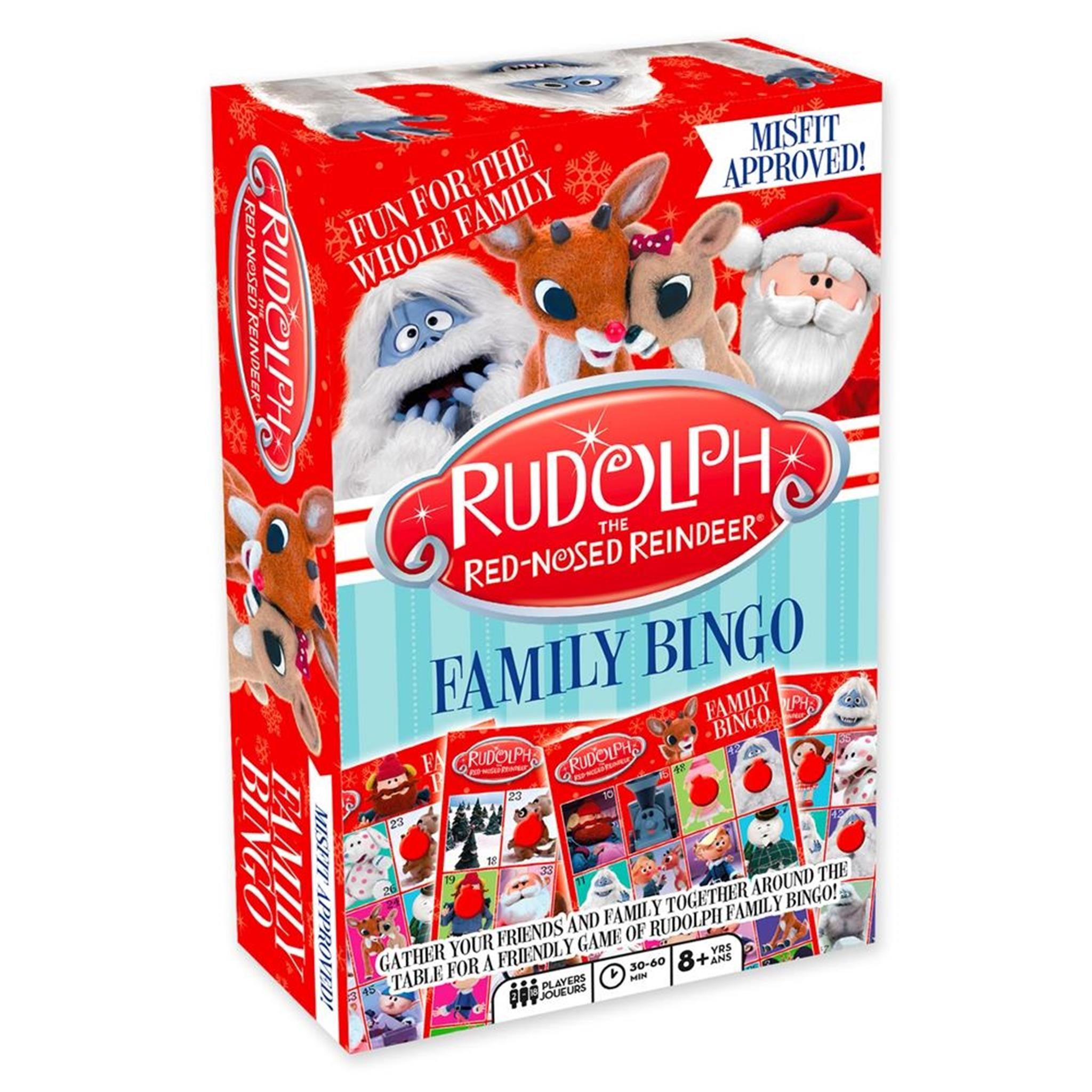 Package of 'Rudolph Family Bingo' game featuring cartoon images of reindeer and Christmas-themed graphics.