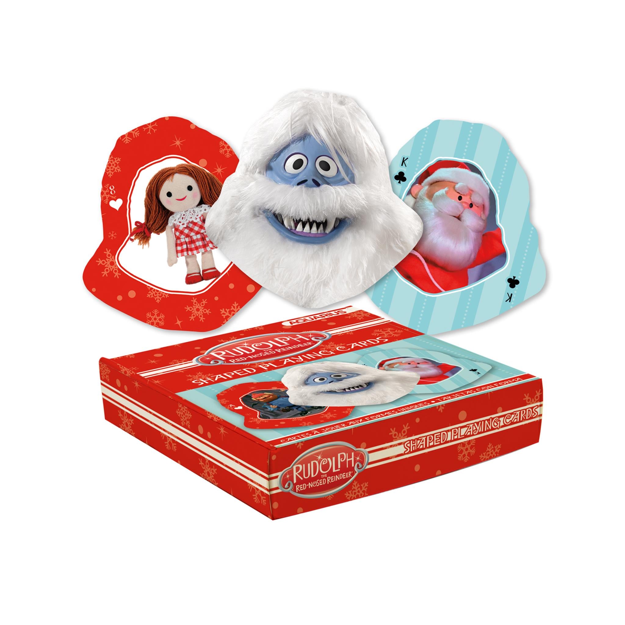 A box of Rudolph shaped playing cards with a depiction of Rudolph the Red Nosed Reindeer character on the cover. The cards are designed with Christmas themed illustrations.