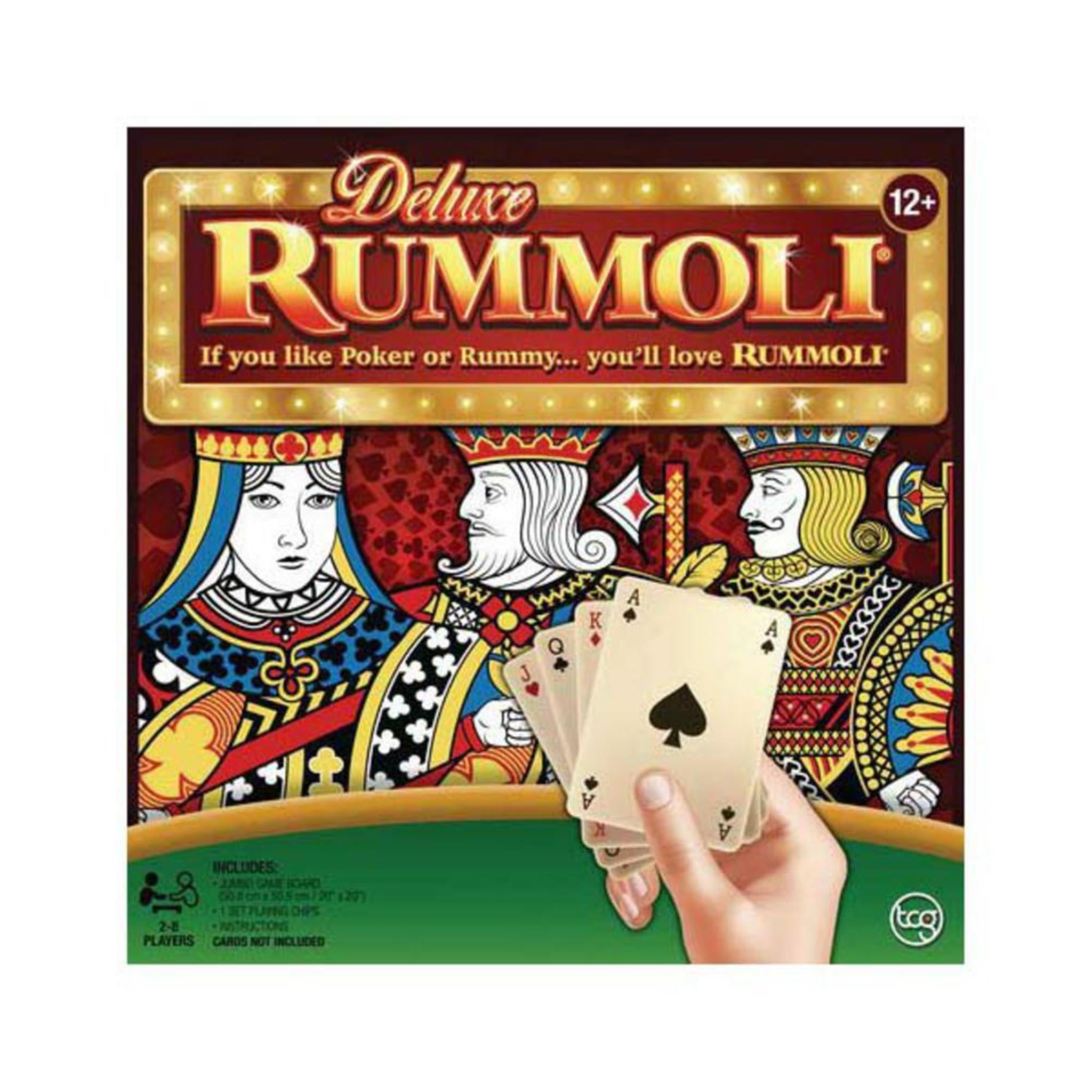 The image shows the cover of the Deluxe Rummoli Board Game, featuring illustrations of characters commonly found in board games, with a prominent hand holding three playing cards.