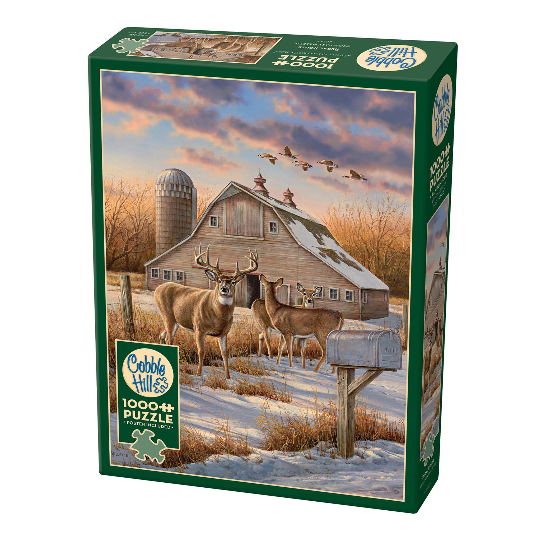 A buck and 2 does standing in the snow in front of a weathered barn and silo while geese fly overhead. Branded by Cobble Hill