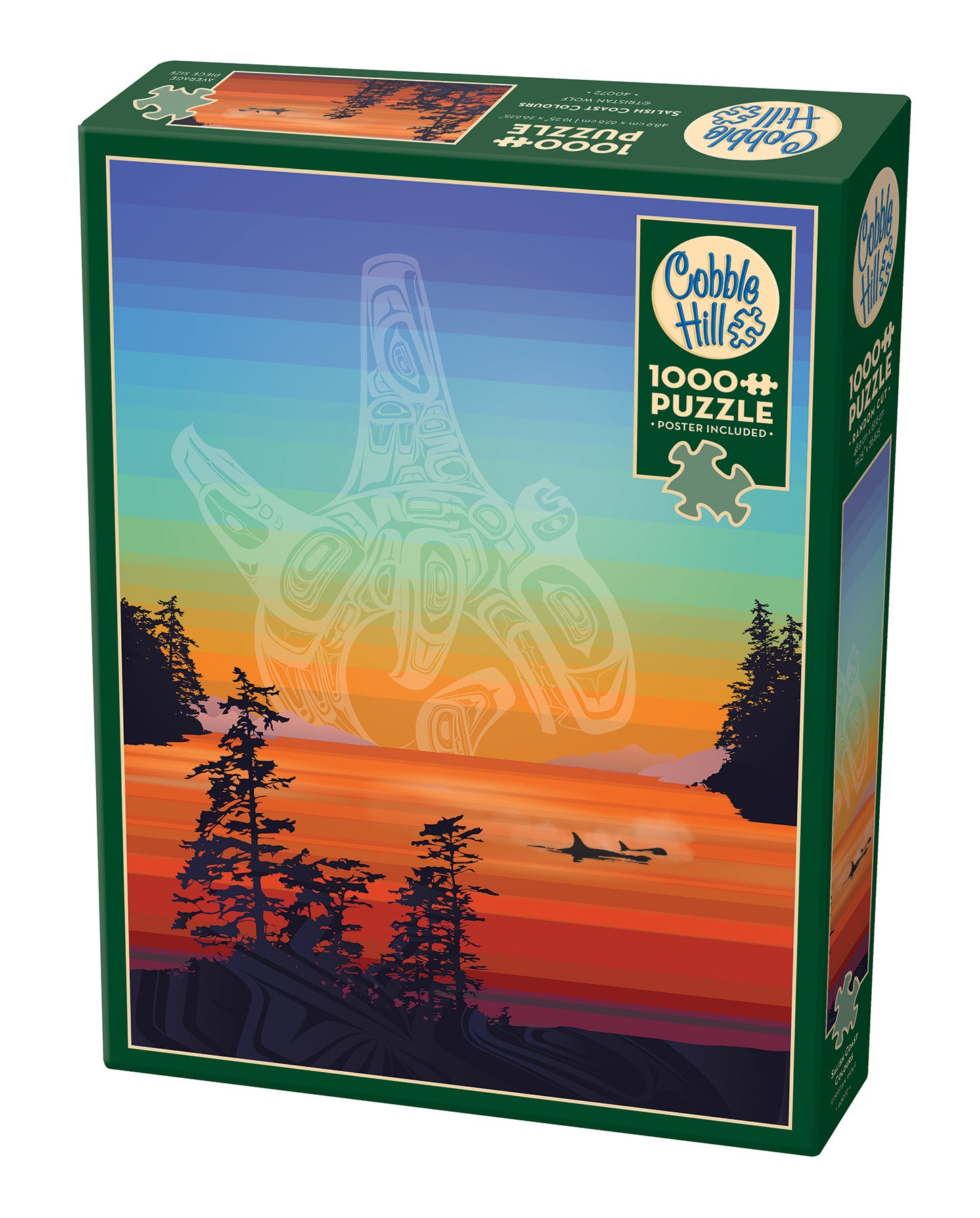 A 1000 piece Cobble Hill jigsaw puzzle box featuring an artistic representation of orcas in the ocean with a sunset and forest backdrop.