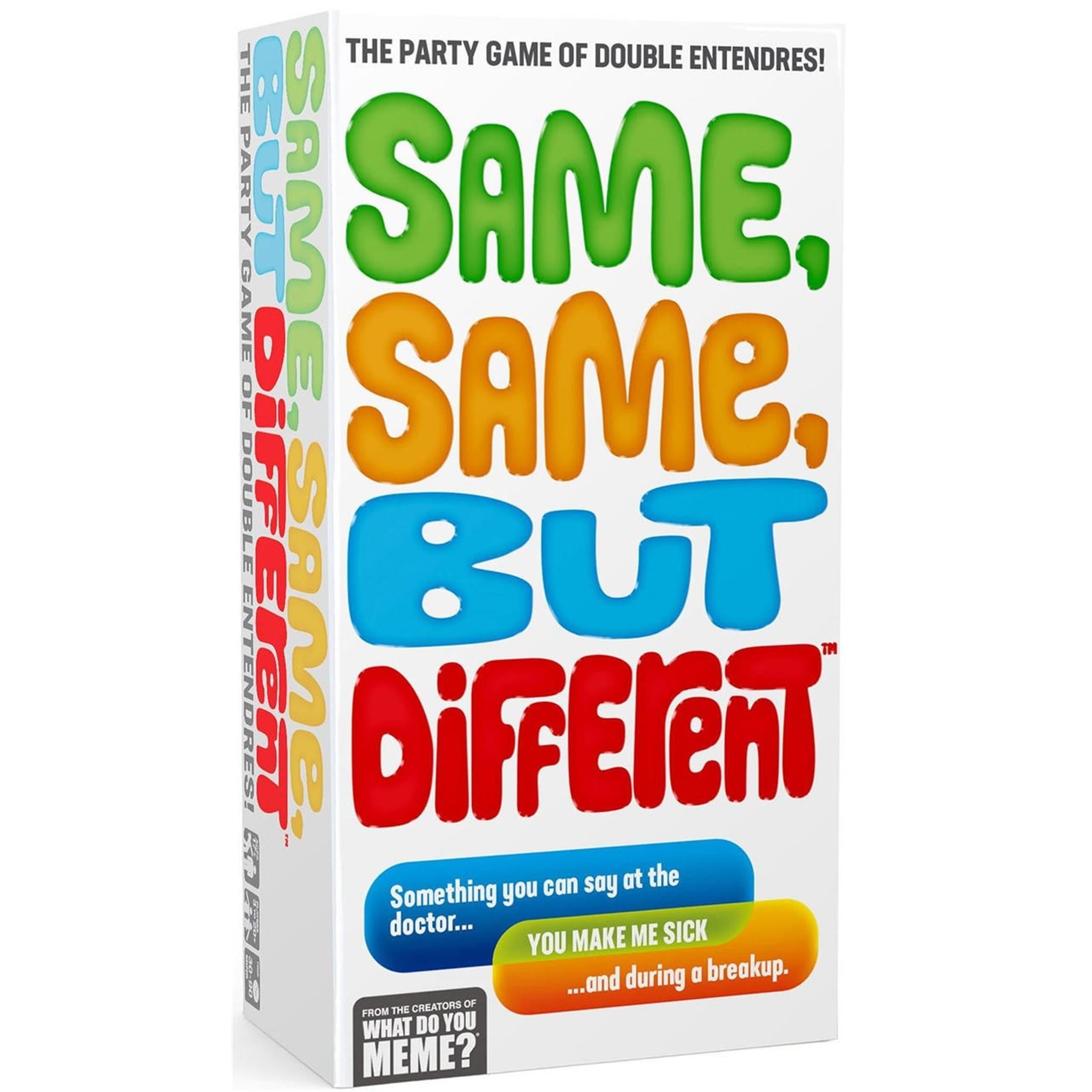 The image shows the packaging of the party game 'Same, Same, But Different'. The box is predominantly white with colorful text and graphics.