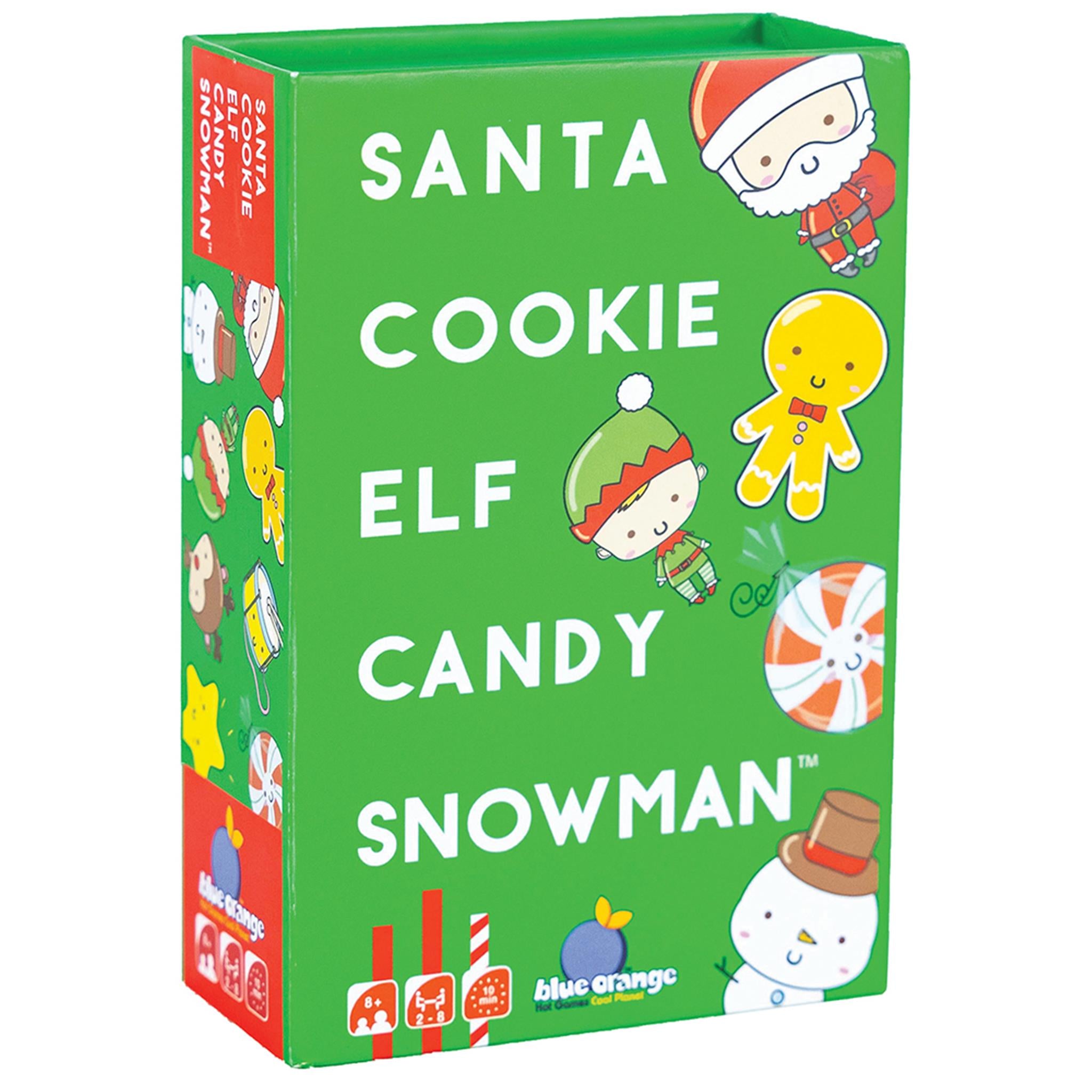 Board game box cover for 'Santa Cookie Elf Candy Snowman' featuring cartoon images of a Santa, cookie, elf, candy, and snowman with Christmas themed colors and decorations.