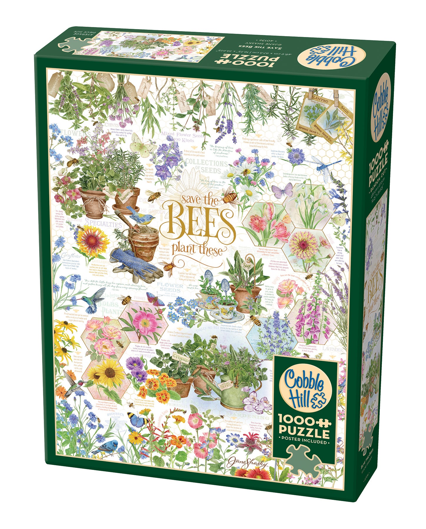 A 1000 piece Cobble Hill jigsaw puzzle box featuring an illustration of various flowers and bees.