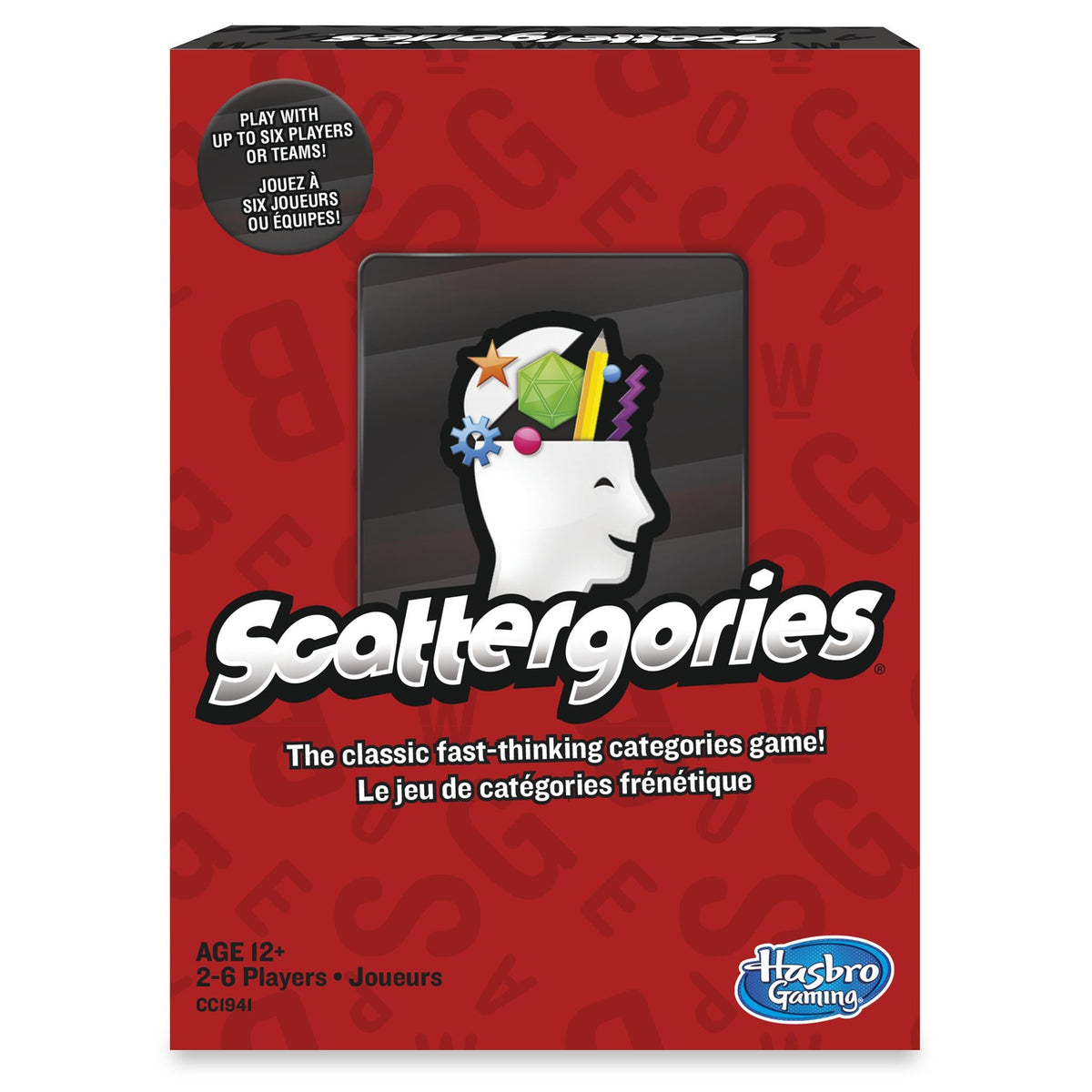 Scattergories board game box featuring the game's logo with a silhouette of a head and categories written on it, against a red background.