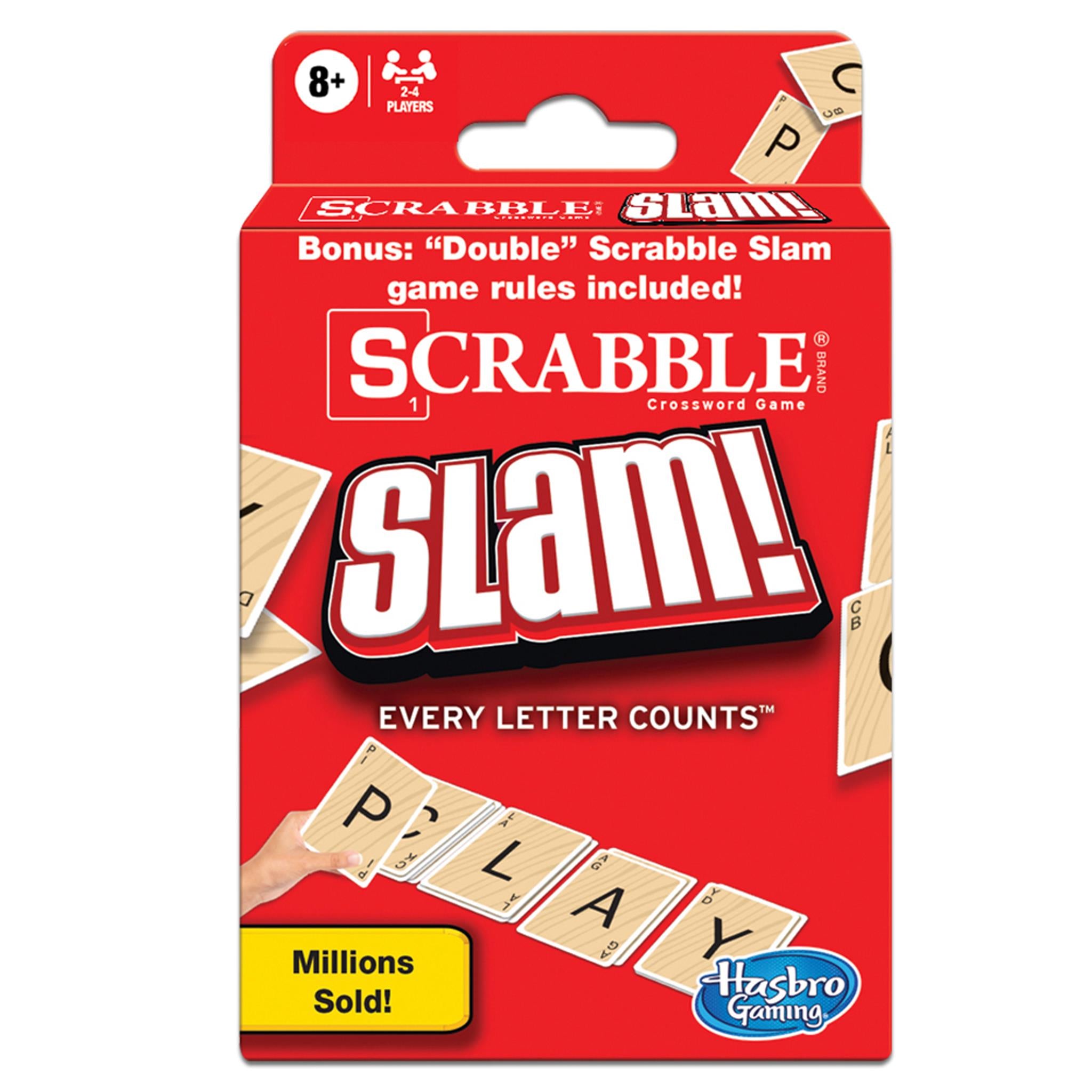 Packaging for the card game Scrabble Slam, featuring the game's name and icons indicating it is suitable for ages 8 and up, with a red background.