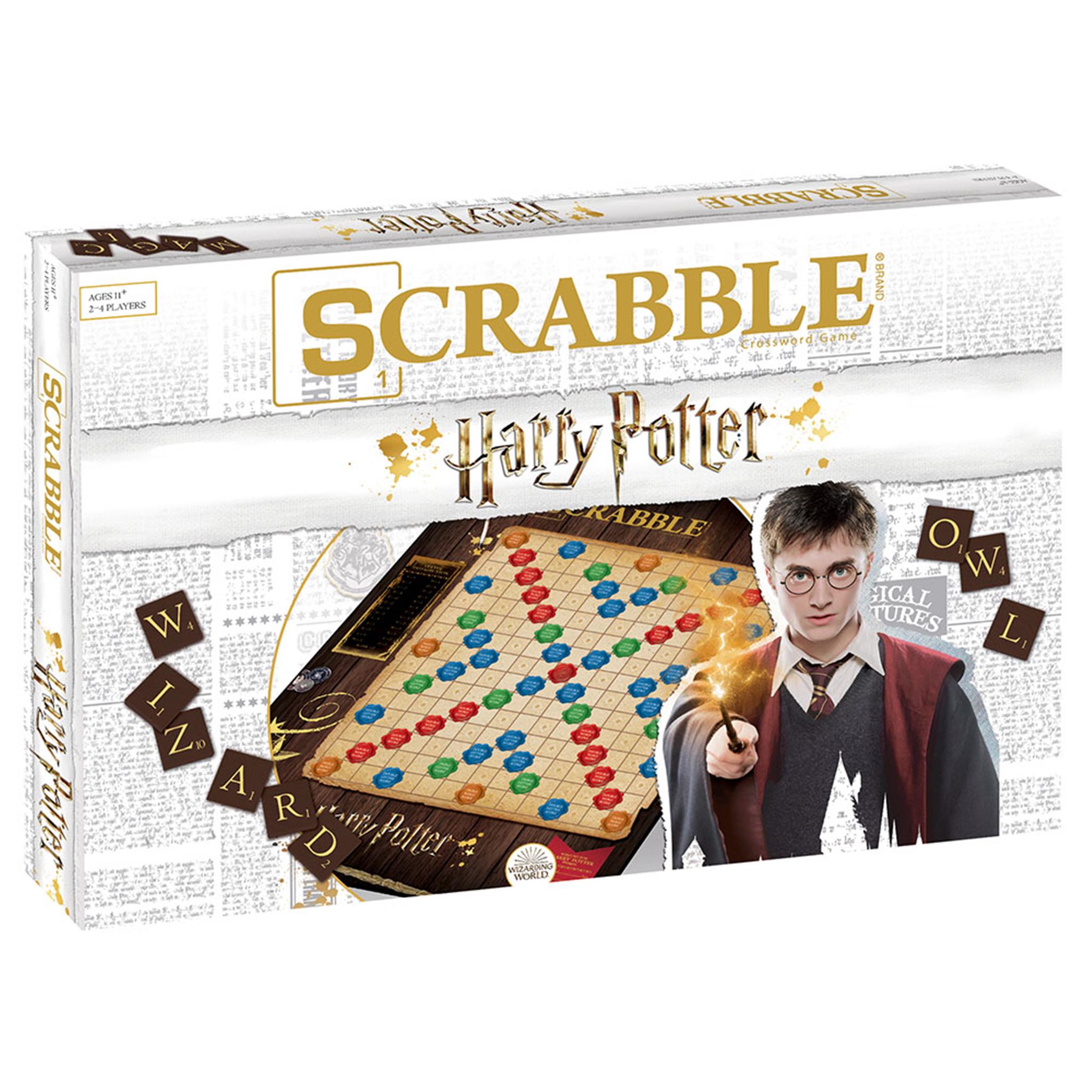 Boxed Scrabble game with Harry Potter theme, featuring an image of Harry Potter on the packaging and the game board visible through the clear window.
