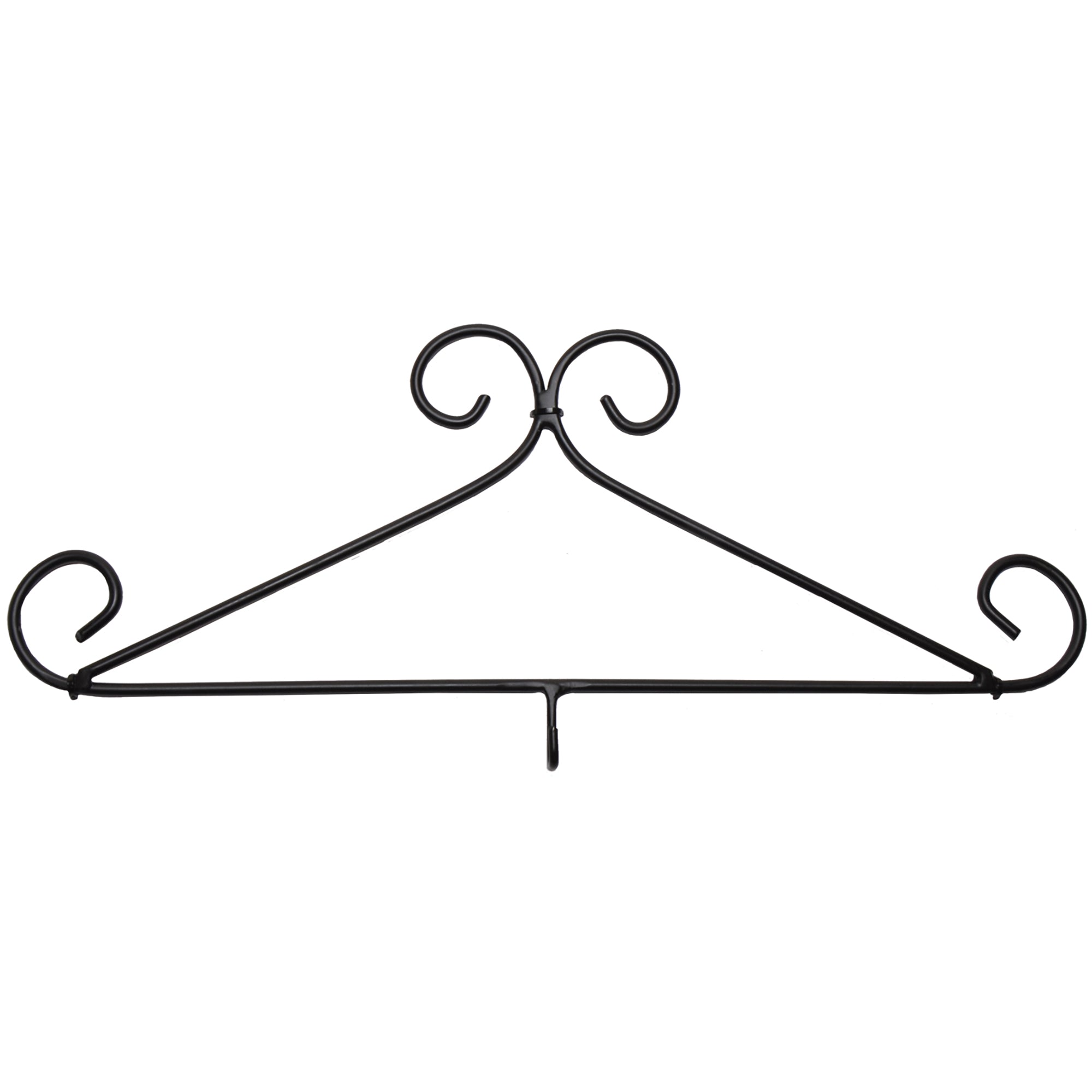 A black wrought iron calendar hanger with a decorative scroll design.