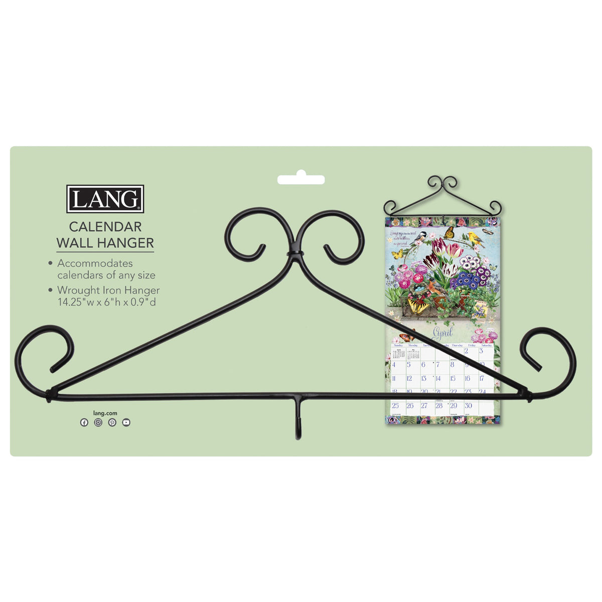 A black wrought iron calendar hanger with a decorative scroll design.