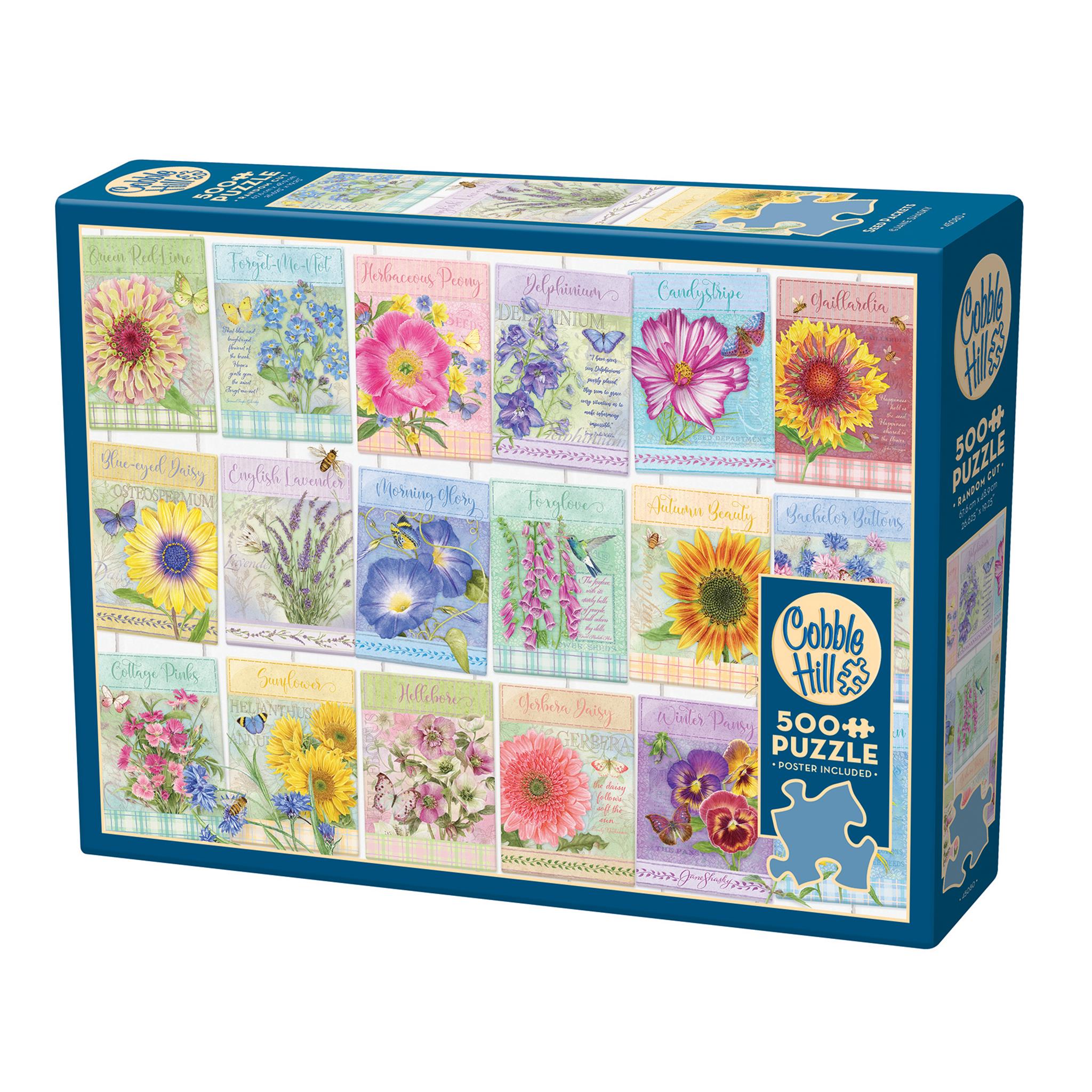 A 500 piece Cobble Hill jigsaw puzzle box featuring a variety of colorful seed packets design.