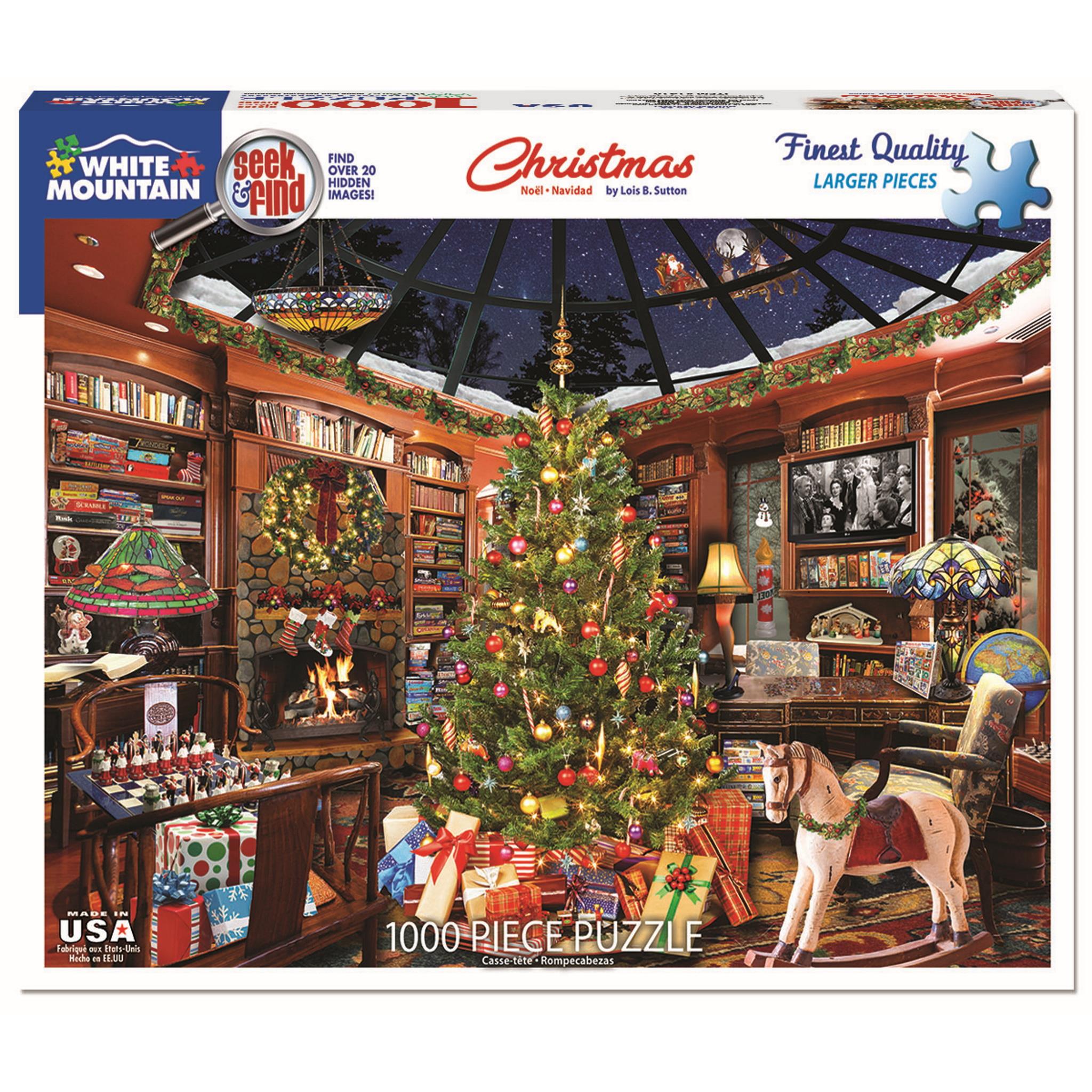 A 1000 piece jigsaw puzzle depicting a Christmas scene with a decorated tree, presents, and a dog in a room with a bookshelf and a TV.