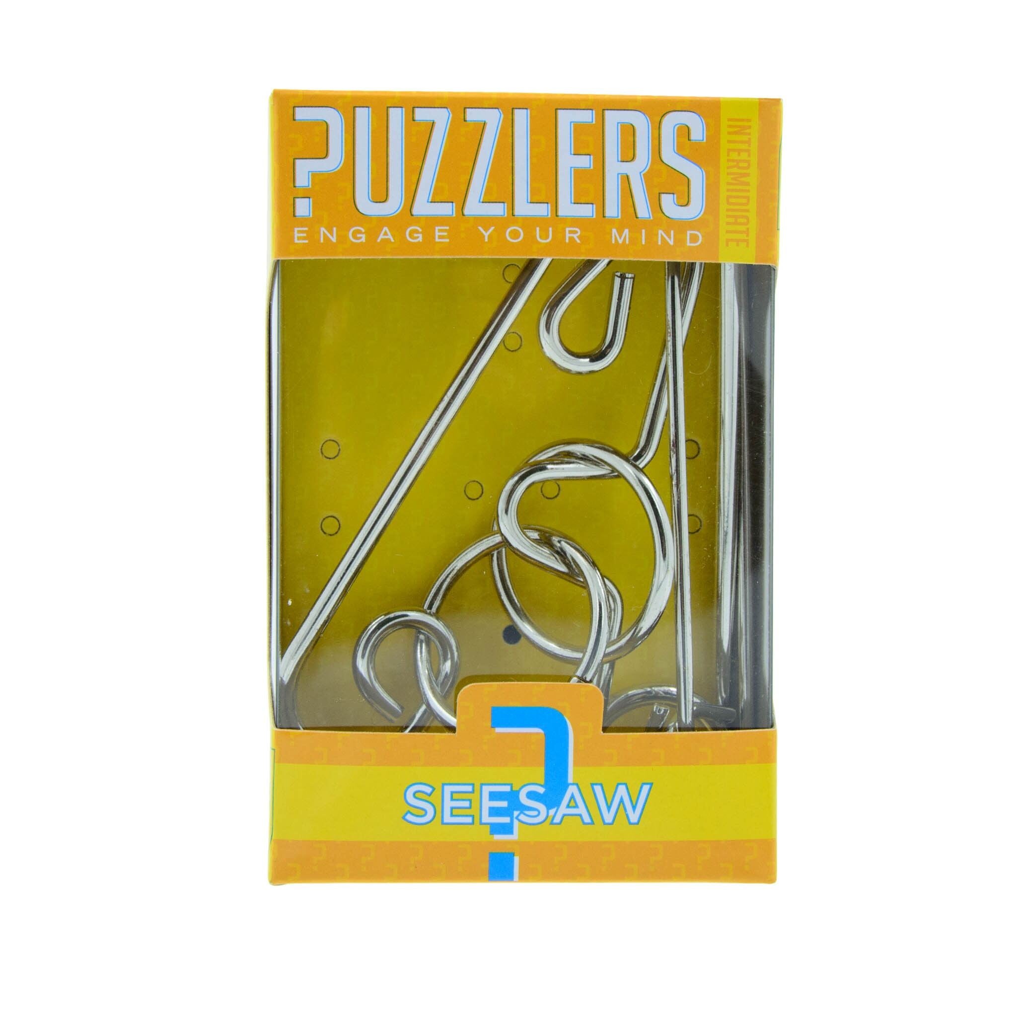 Packaged metal seesaw puzzle toy labeled 'Puzzlers' in a yellow and clear plastic box with the number 7 on the bottom right, indicating the difficulty level.