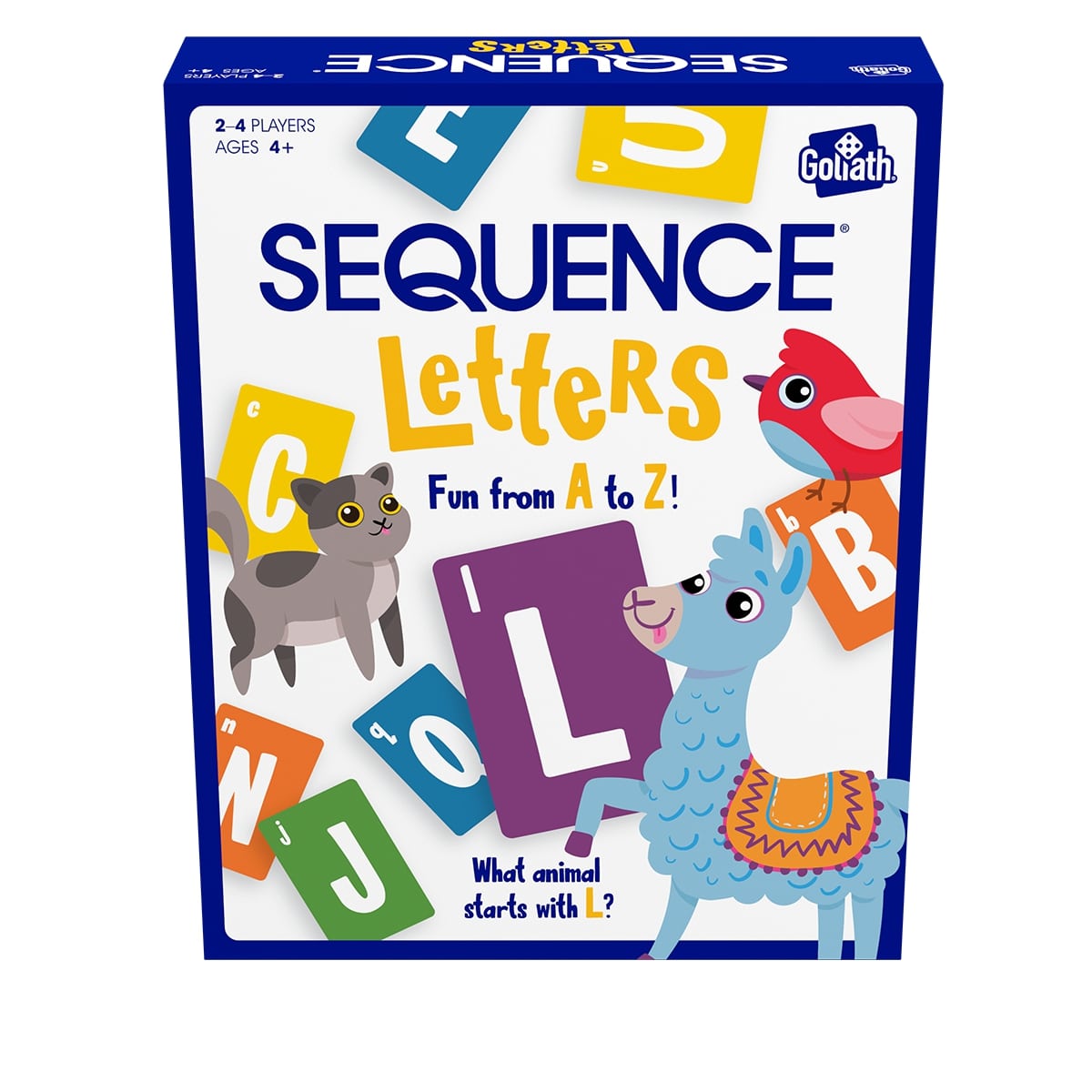 Box cover for the game Sequence Letters, featuring images of a parrot, a cat, a bee, a horse, a bird, a fish, and a turtle on a blue background, along with llamas with letters on them and the text 'Fun from A to Z!'.