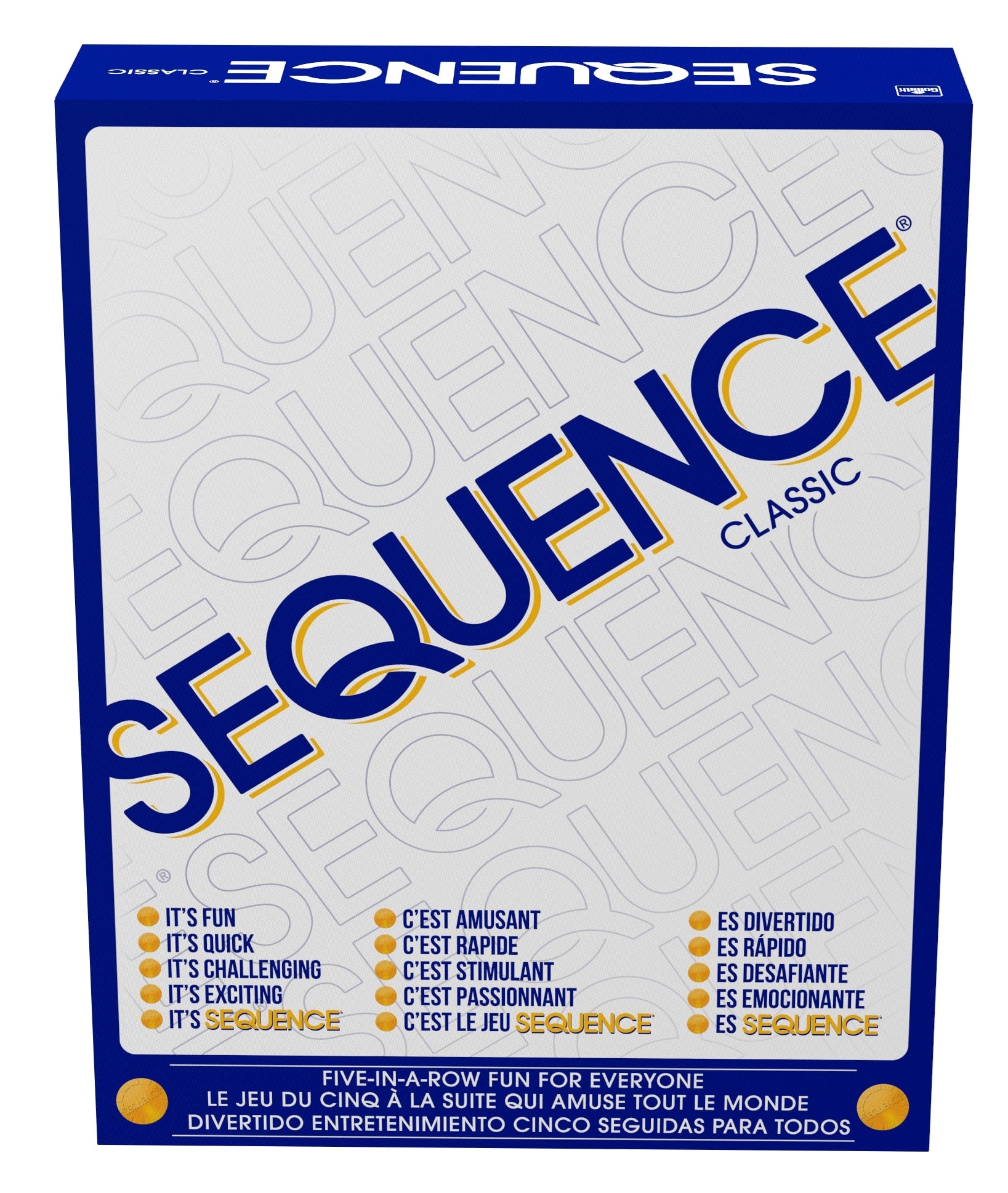 Board game box cover for 'Sequence Classic', featuring the game's name and a brief description in multiple languages.
