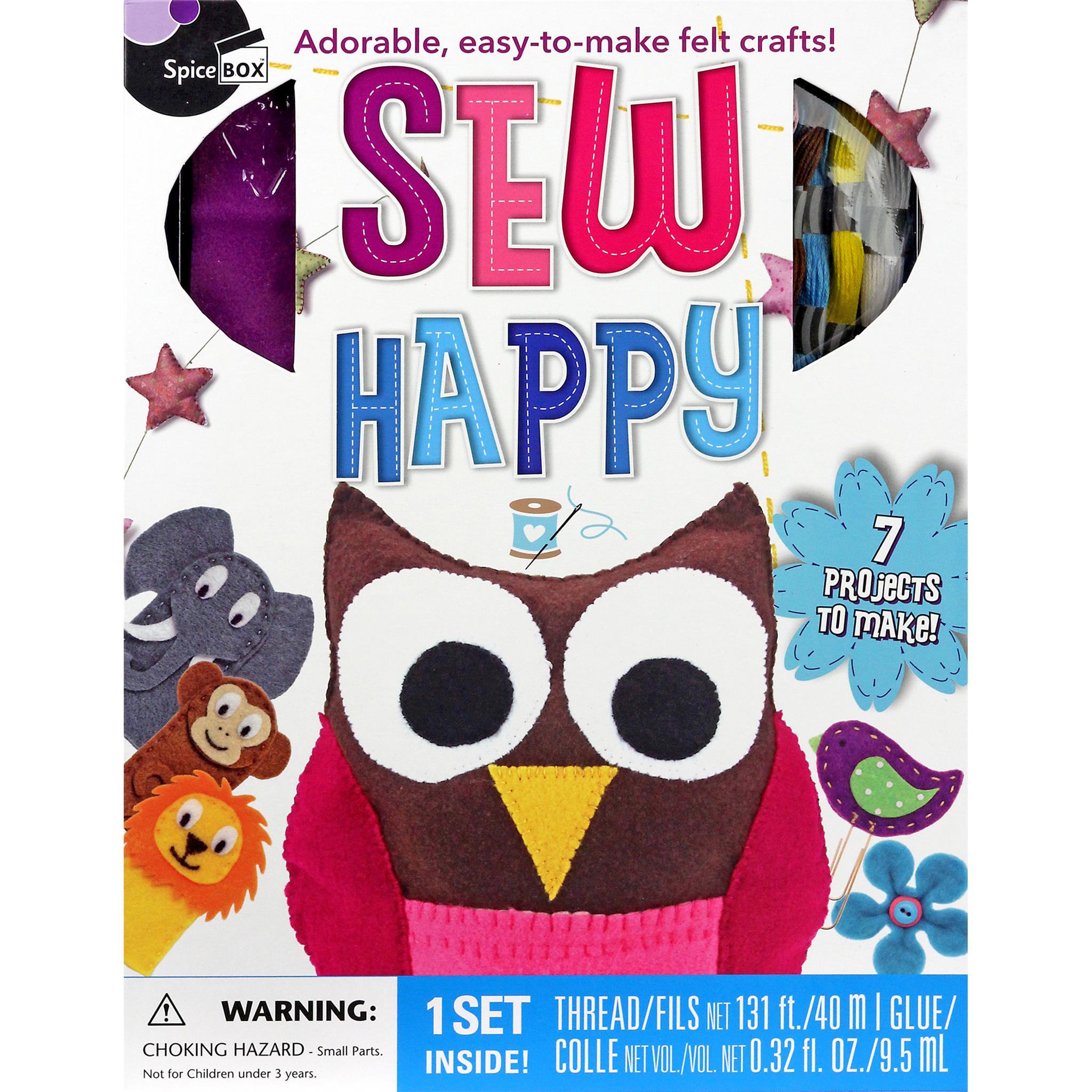 The cover of the 'Sew Happy' product by SpiceBox, featuring a cartoon owl and various sewing projects including a star, a heart, and a rainbow.