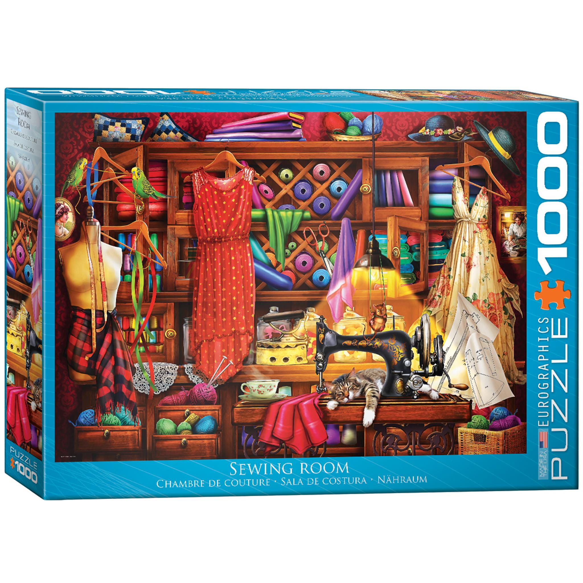 A 1000-piece jigsaw puzzle depicting a sewing room scene with various sewing items and garments displayed.
