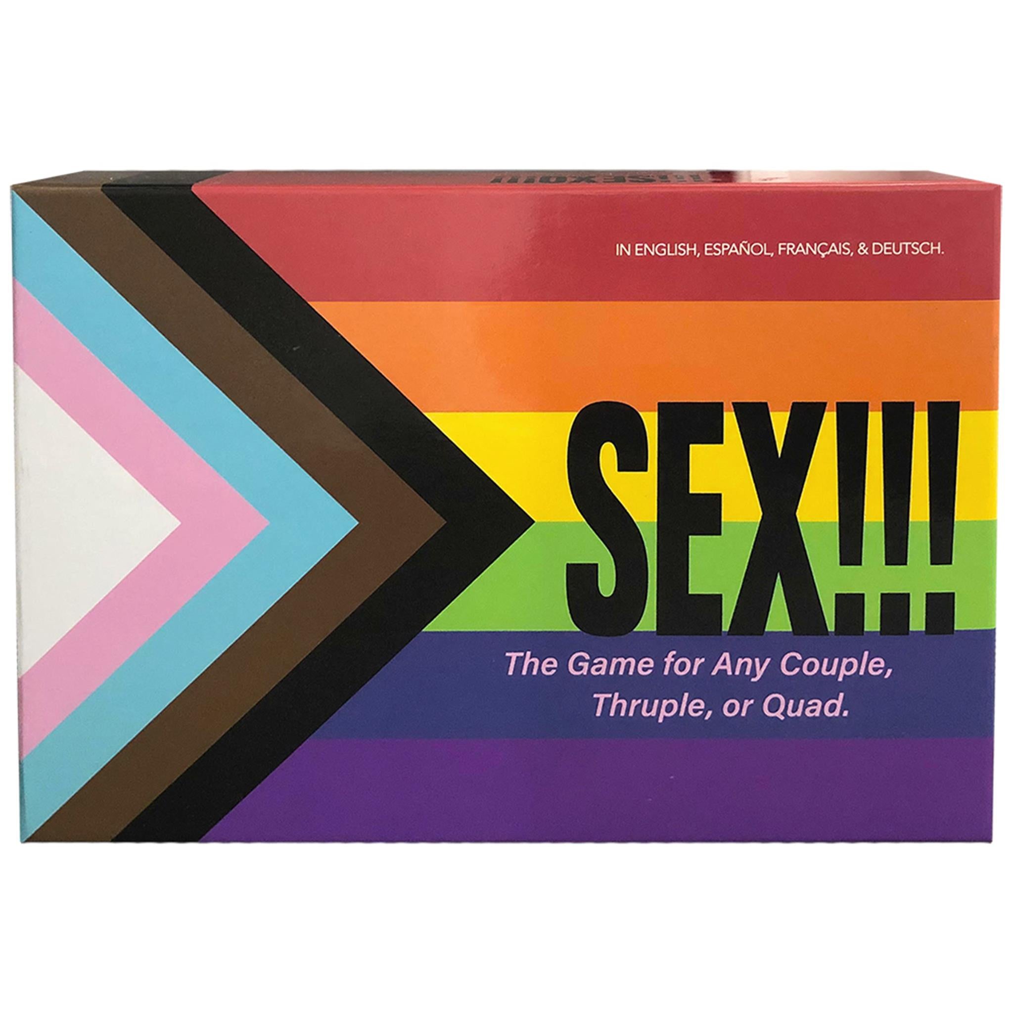 The product image shows the packaging of a board game named "Sex!!!" which is designed for any couple, thruple, or quad. The cover has a colorful geometric design with the game's title prominently displayed.