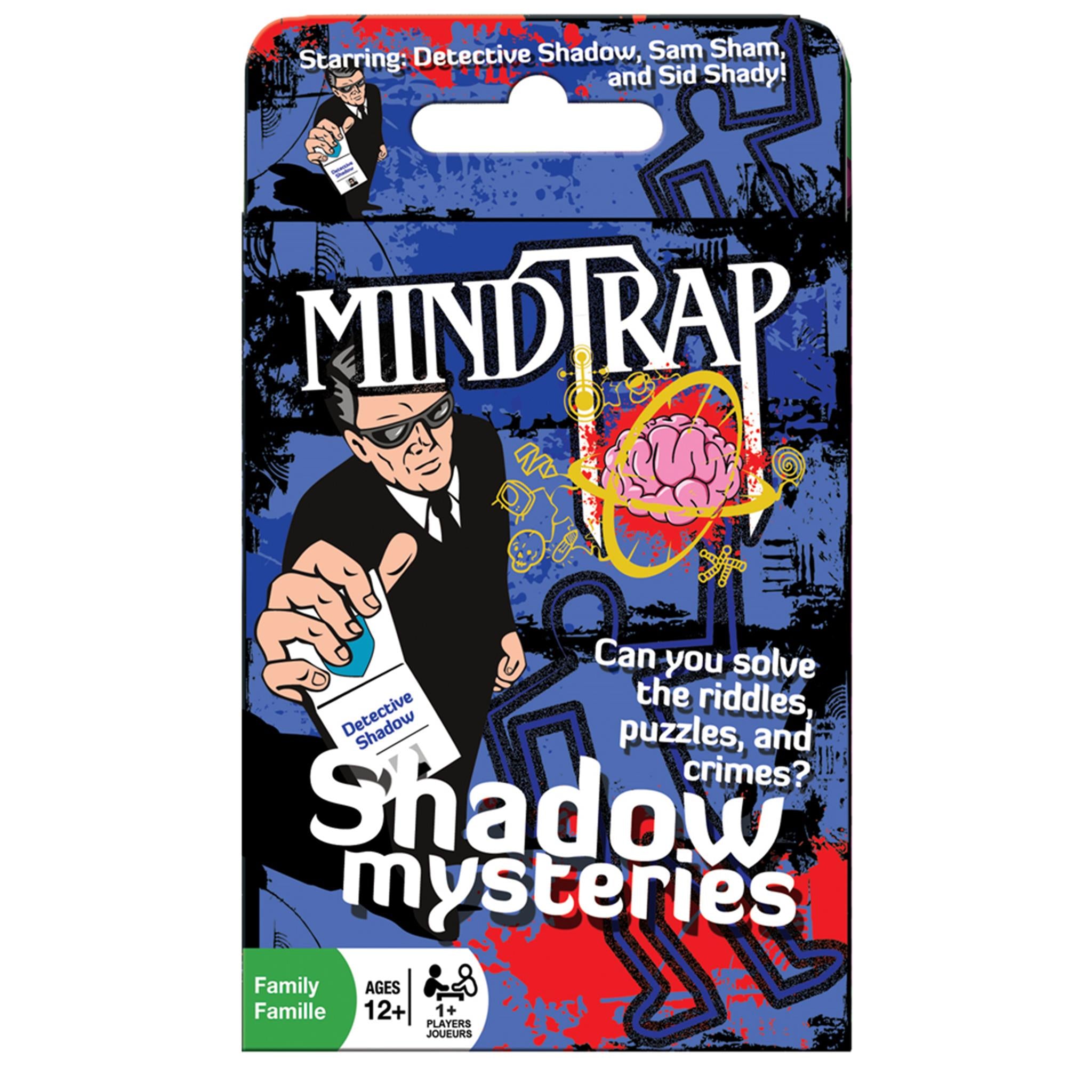 The product image shows the packaging of 'MindTrap Shadow Mysteries' card game featuring illustrations of characters and a brain with puzzle pieces.