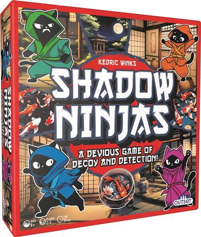 Board game box cover for 'Shadow Ninjas' featuring illustrated ninjas in different colors and costumes against a traditional Japanese mansion background.