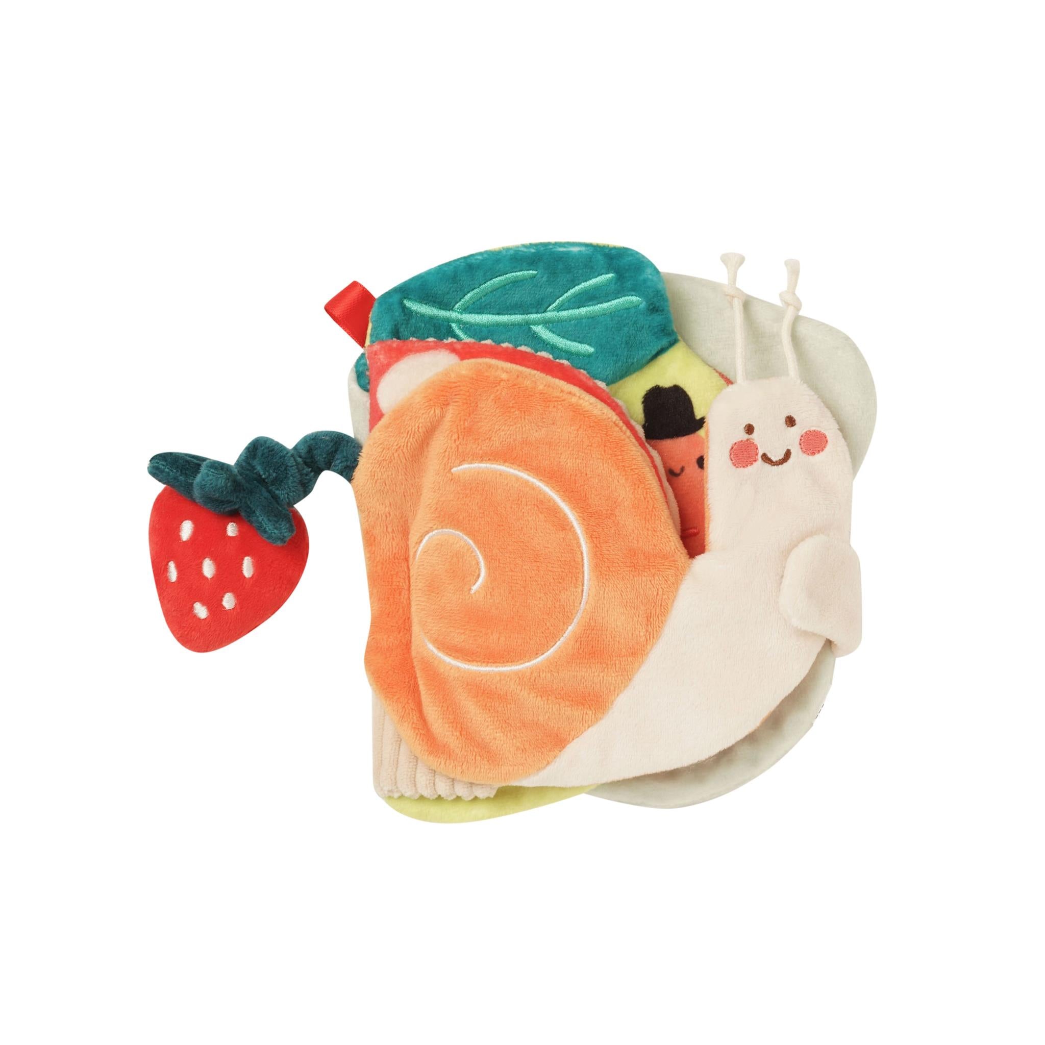 A soft sensory book designed to look like a snail, with various textures and a strawberry-shaped squeaker.
