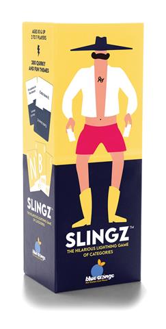Packaging for the card game Slingz, featuring an illustration of a character in a hat and shorts, with a box displaying the game title and additional details.