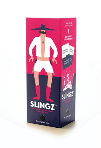 The image displays the packaging of "Slingz: The Darker Side," an adult-themed word game. The box features a bold, graphic illustration of a suited man in a playful pose against a vibrant pink background.