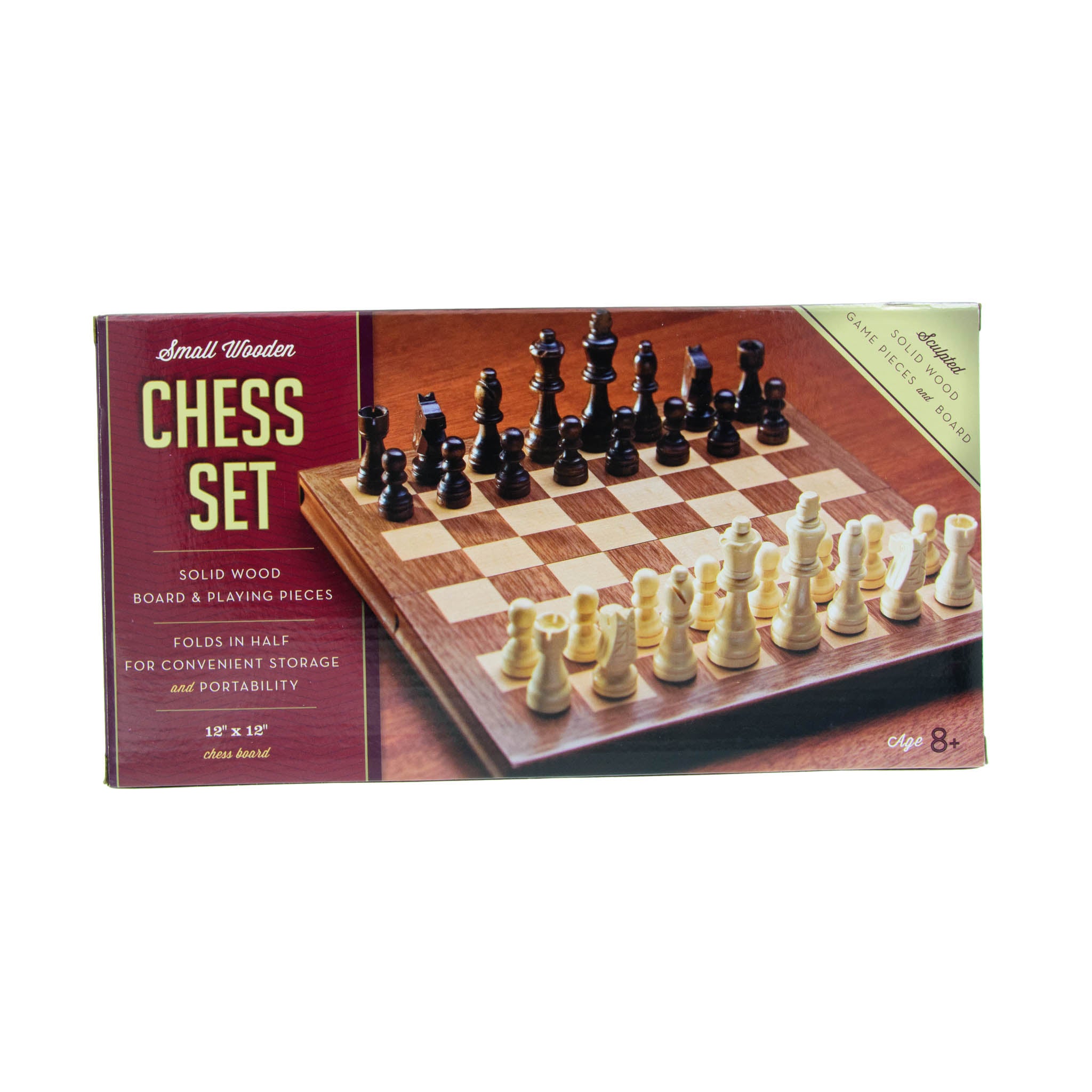 A wooden chess set displayed on a foldable board with pieces arranged for gameplay. The packaging highlights features such as solid wood pieces, folding board, and convenient storage.