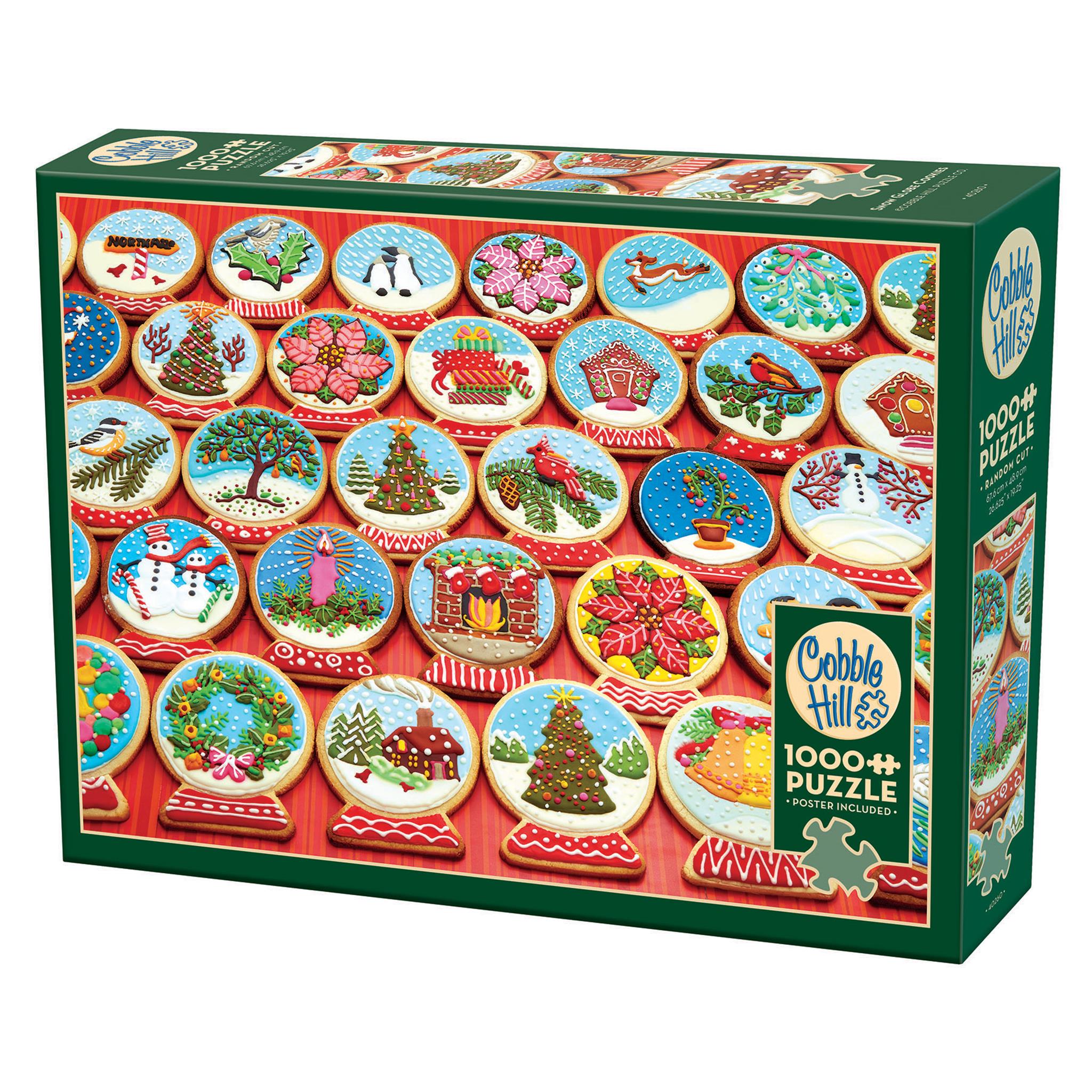 A 1000 piece Cobble Hill puzzle box featuring decorated cookie designs with holiday motifs.