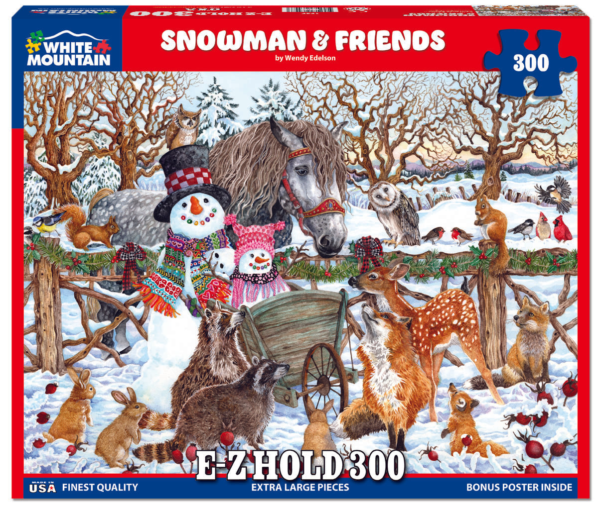A 300 piece jigsaw puzzle depicting a winter scene with a snowman, friends which include a horse and various animals, and a snowy landscape.