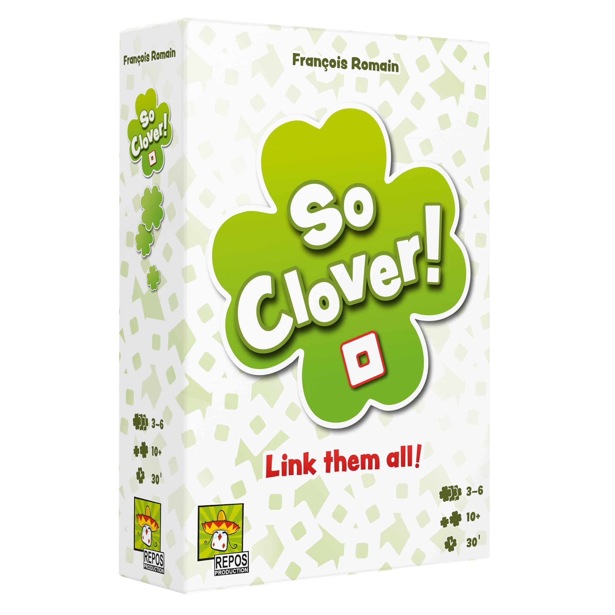 White packaging with a lime green clover in the centre with the words So Clover. Below red text Link them all!. made for 3-6 players aged 10 and above with average gameplay time of 30 minutes.