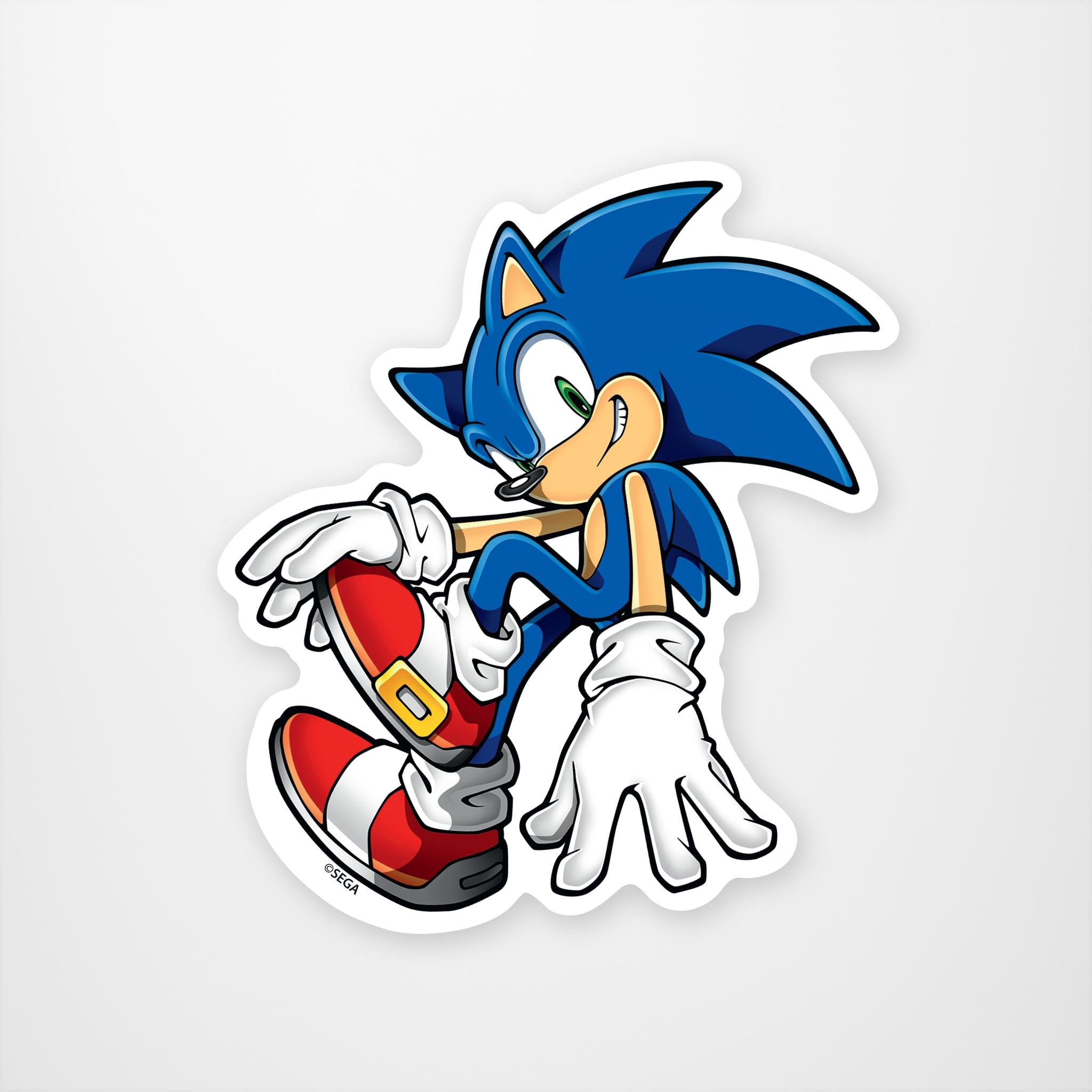 Blue cartooned hedgehog with mischievous grin