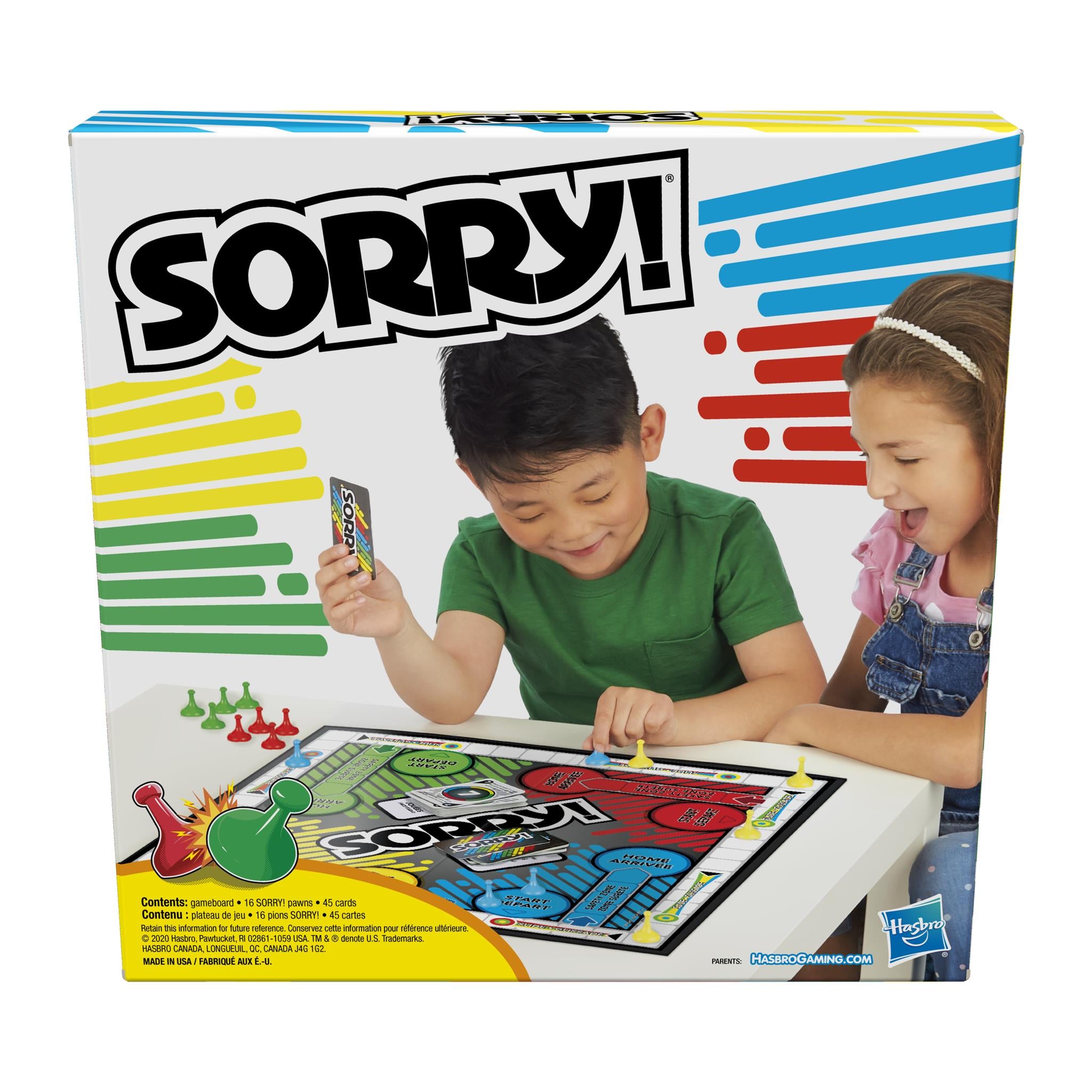 Box of the Sorry Board Game featuring two children playing the game with colorful pawns on the board, and the Hasbro Gaming logo.