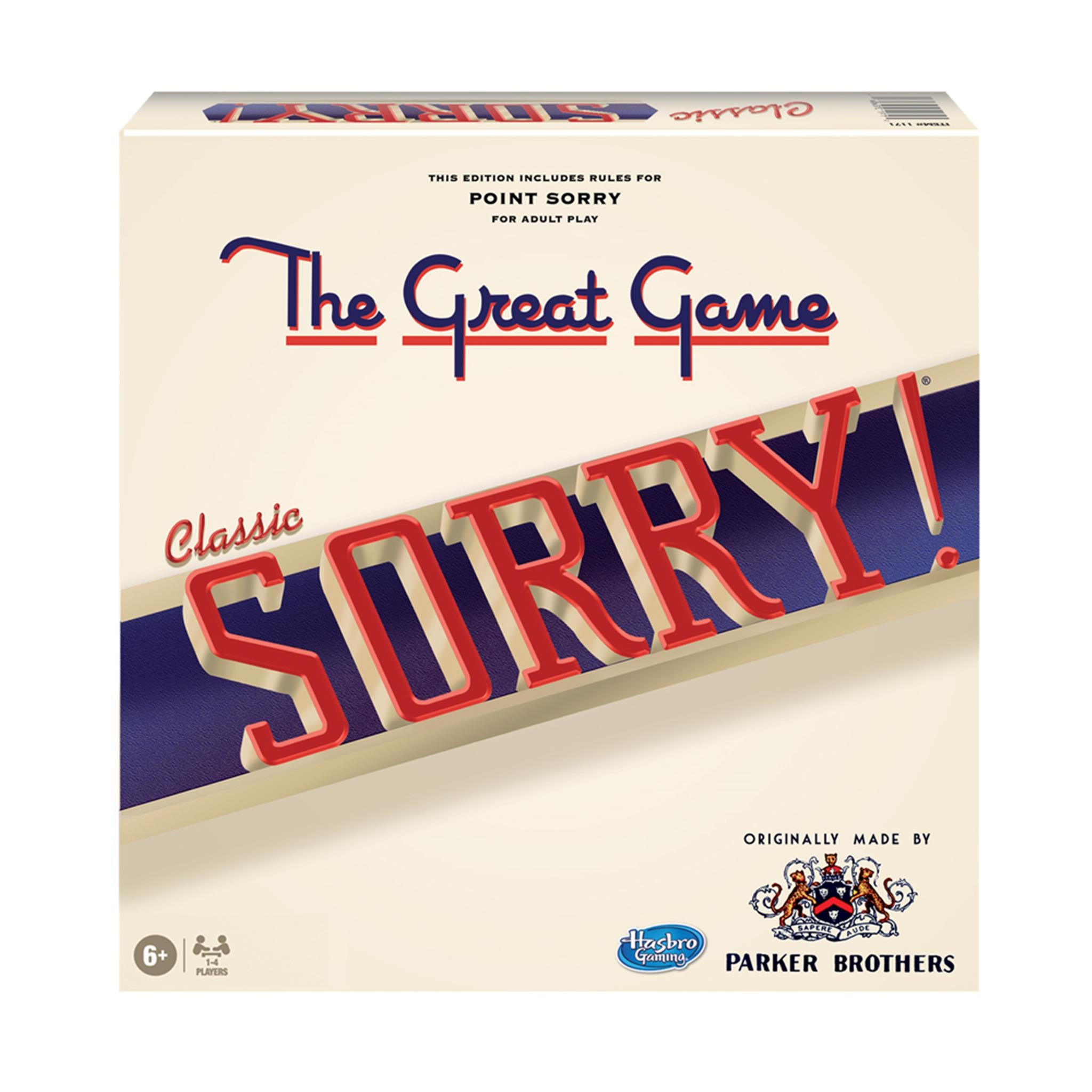 Box cover art for the board game 'Sorry Classic' by Winning Moves, featuring the game title in red and blue text against a beige background.